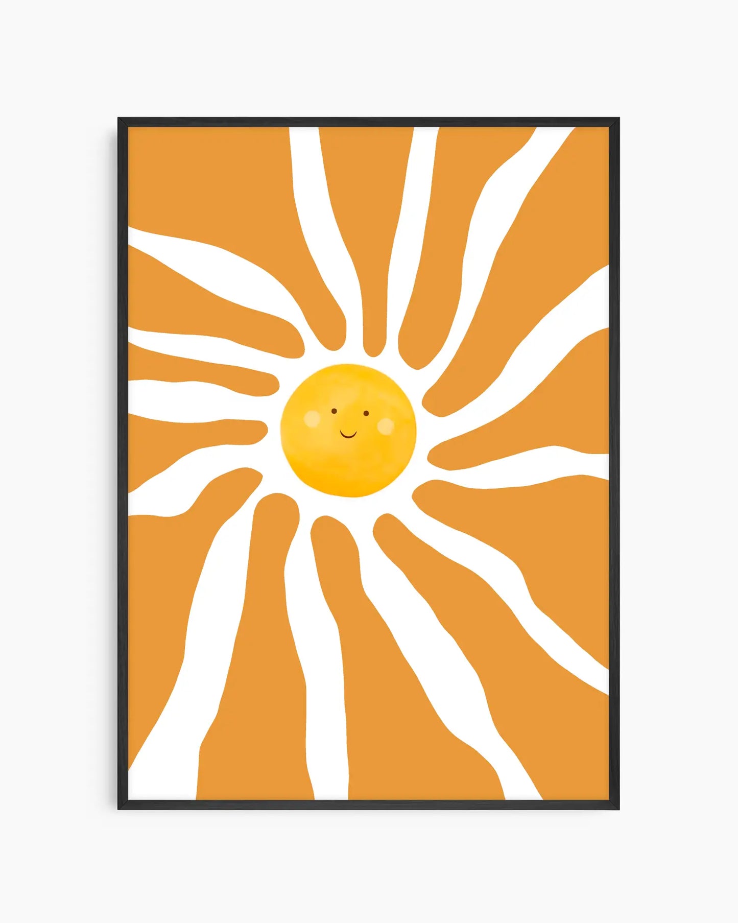 Framed artwork of a sun with smiling face on an orange background