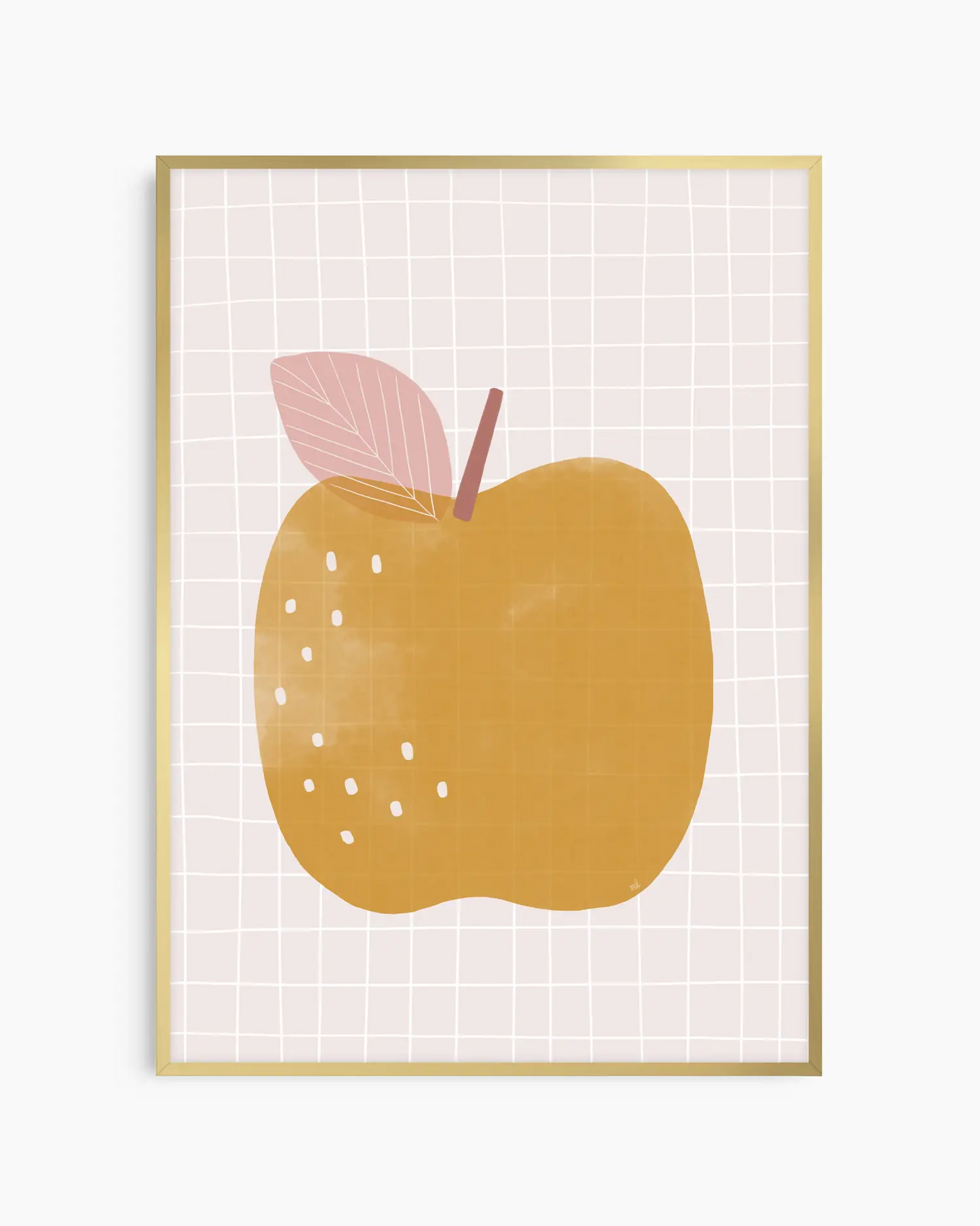 Framed artwork of a yellow apple with a pink leaf on a grid background