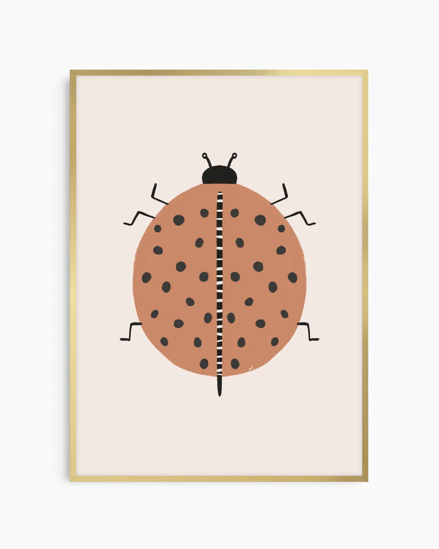 Framed artwork of a ladybug on a beige background