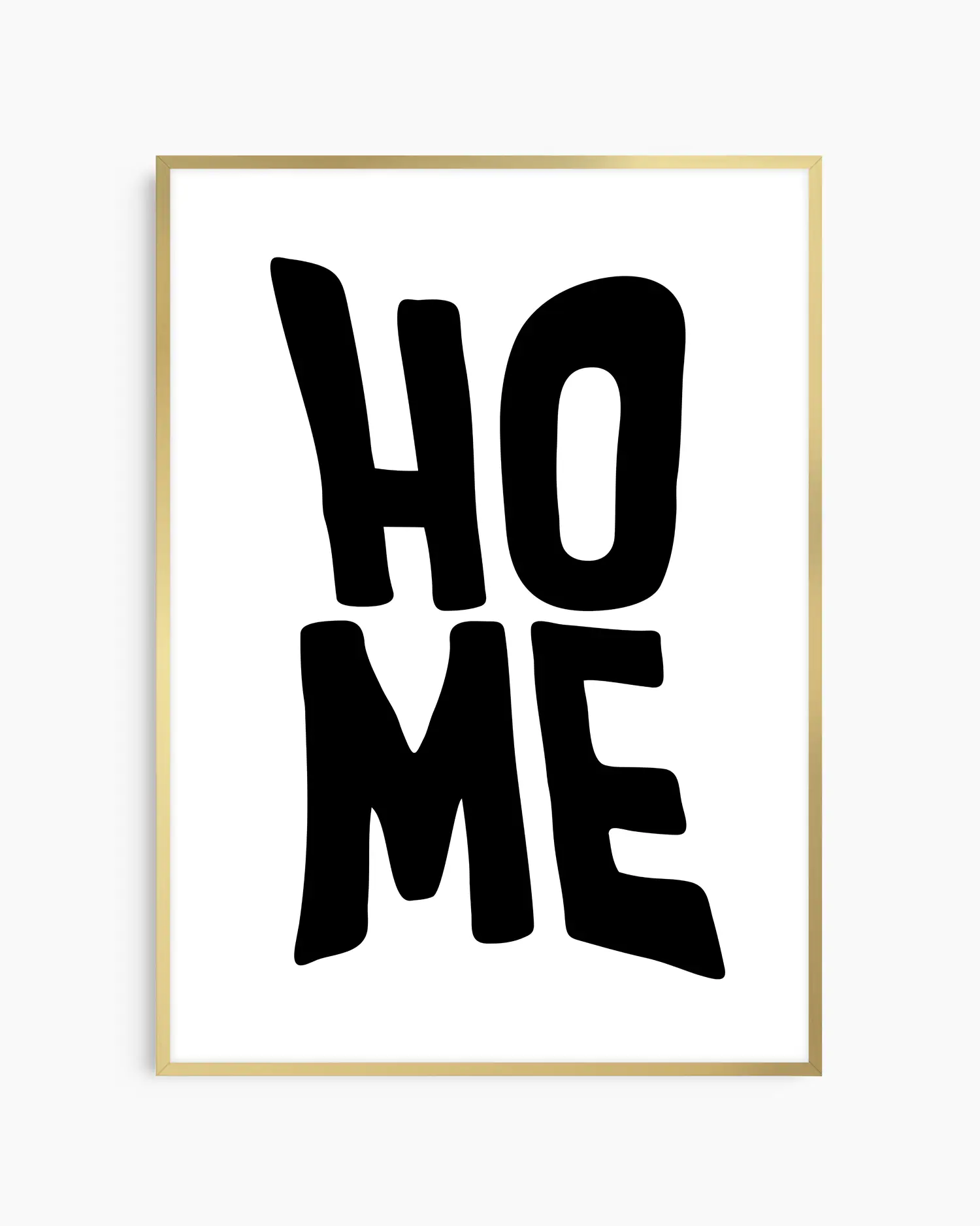 Framed artwork with 'HOME' text on a white background in a golden aluminium frame.