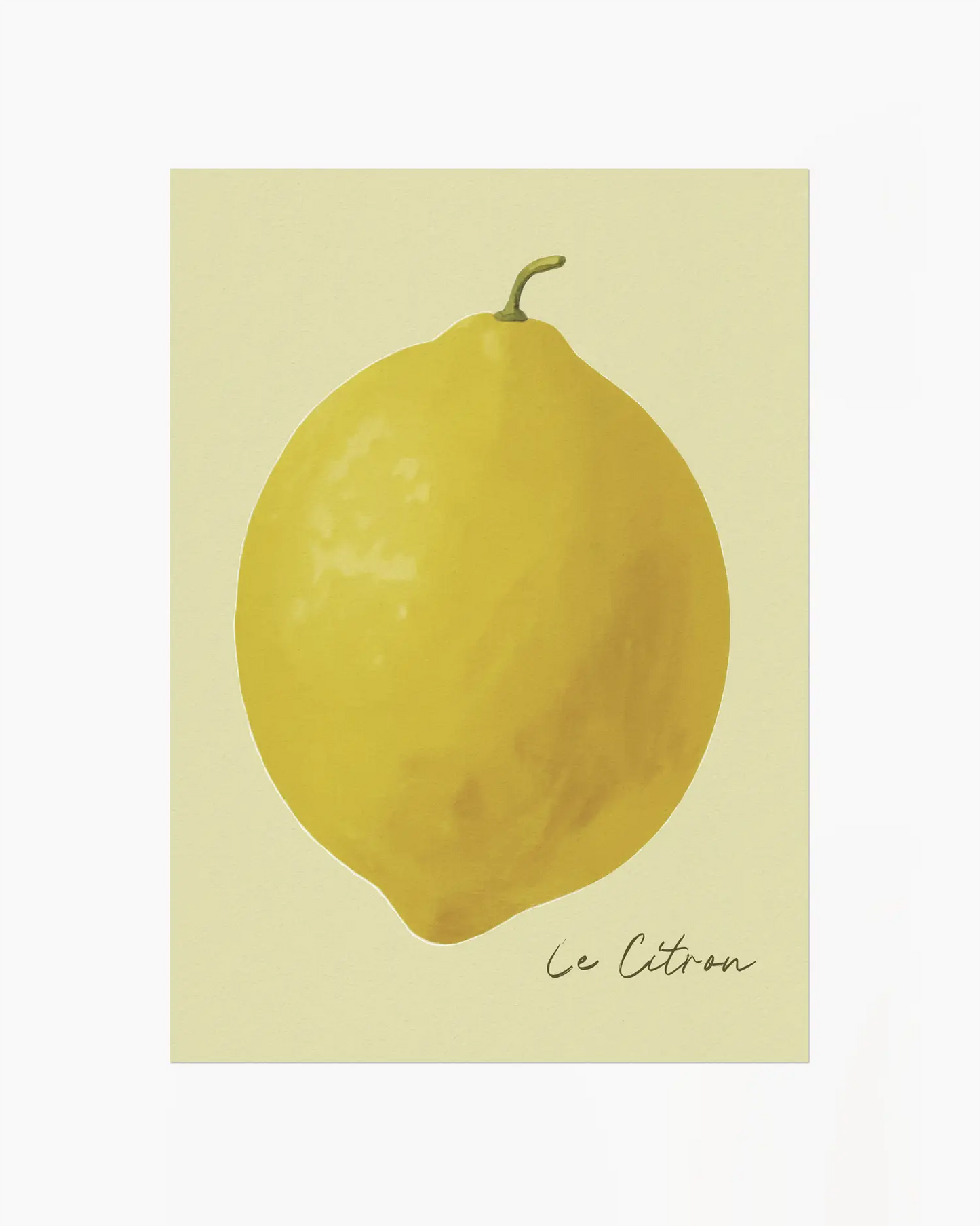 Nursery artwork of a lemon with 'Le Citron' text on a light background.