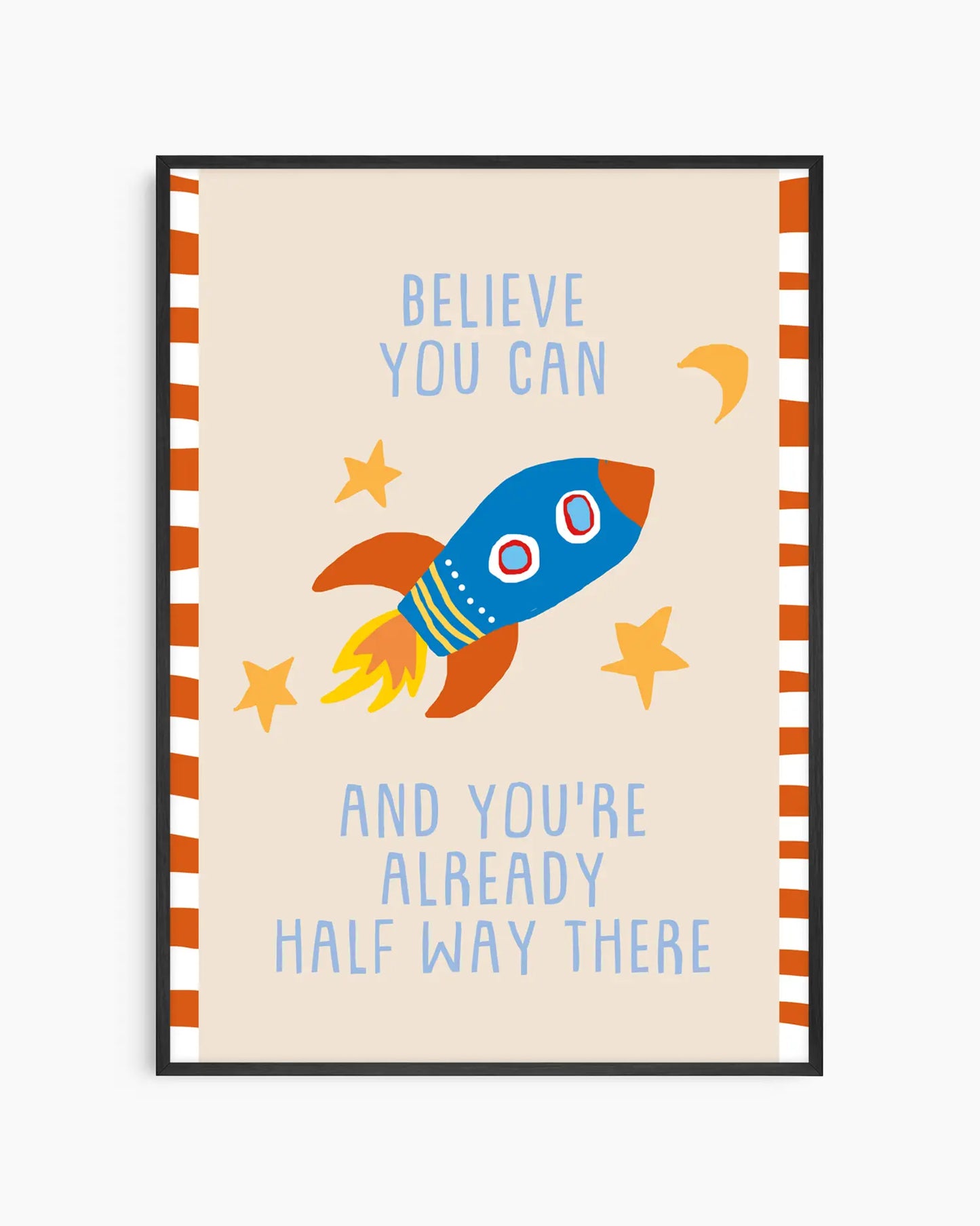 Motivational poster with a rocket ship and inspirational quote on a striped background