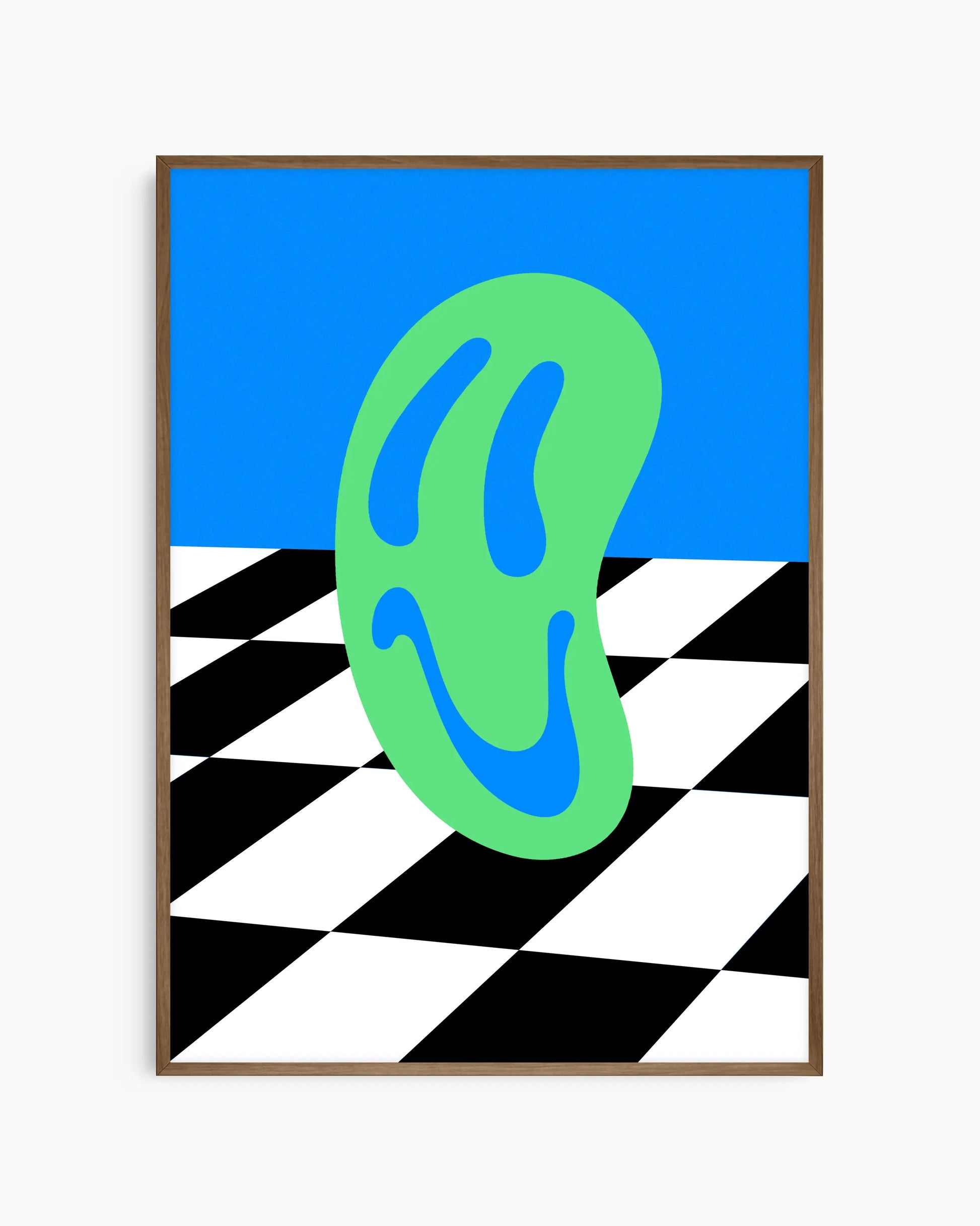 Children's poster of a green smiley on a blue background with black and white checkered pattern framed in a dark oak frame.