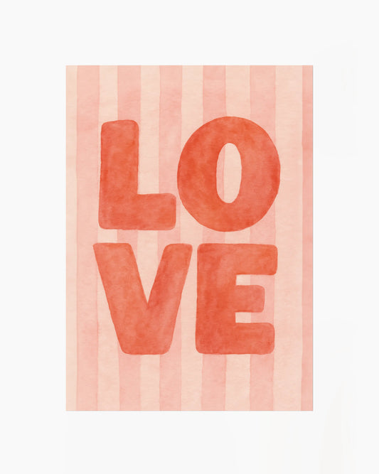 Children's poster with red 'LOVE' text on a striped pink background. 