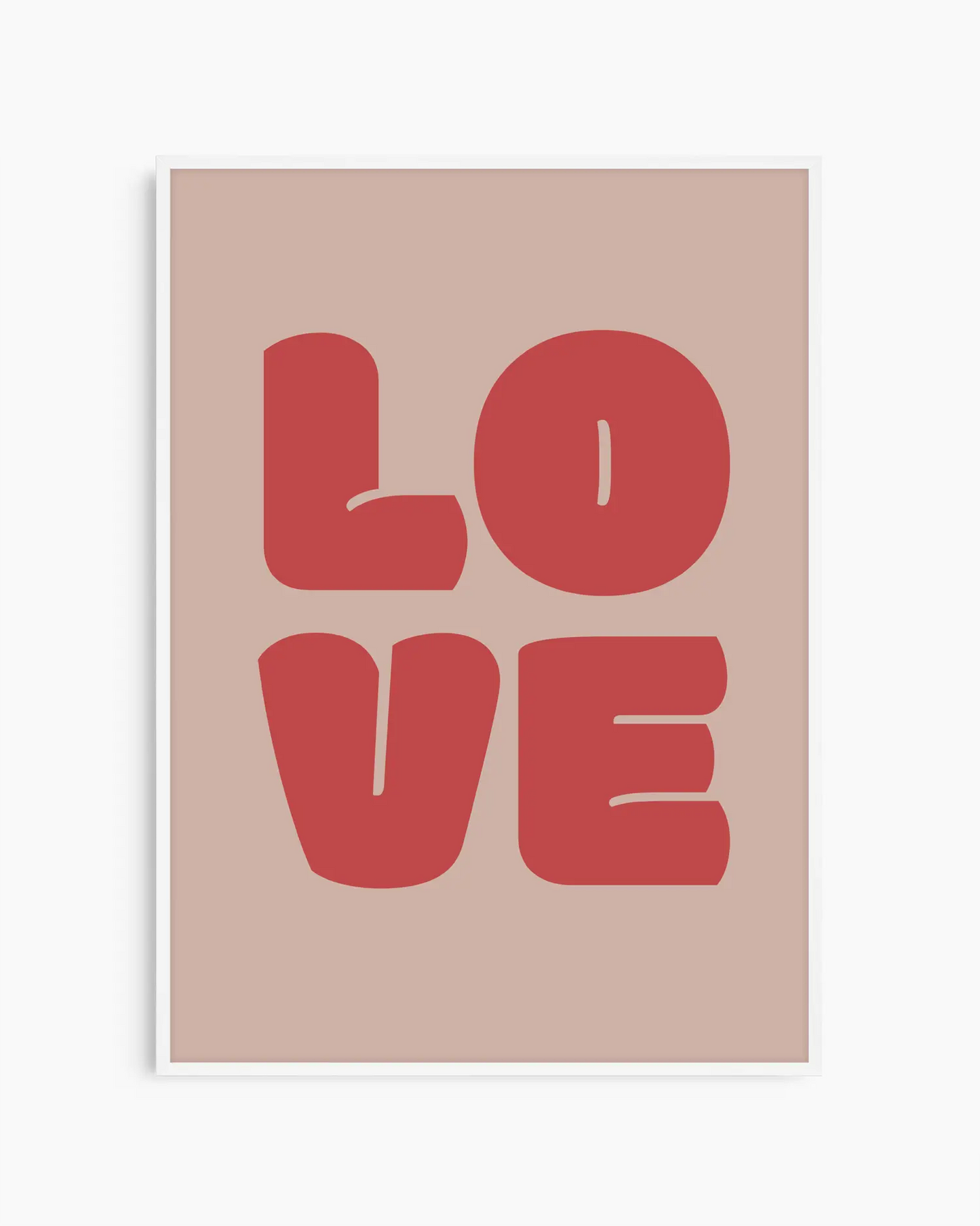Children's poster with red 'LOVE' text framed in a white wooden frame.