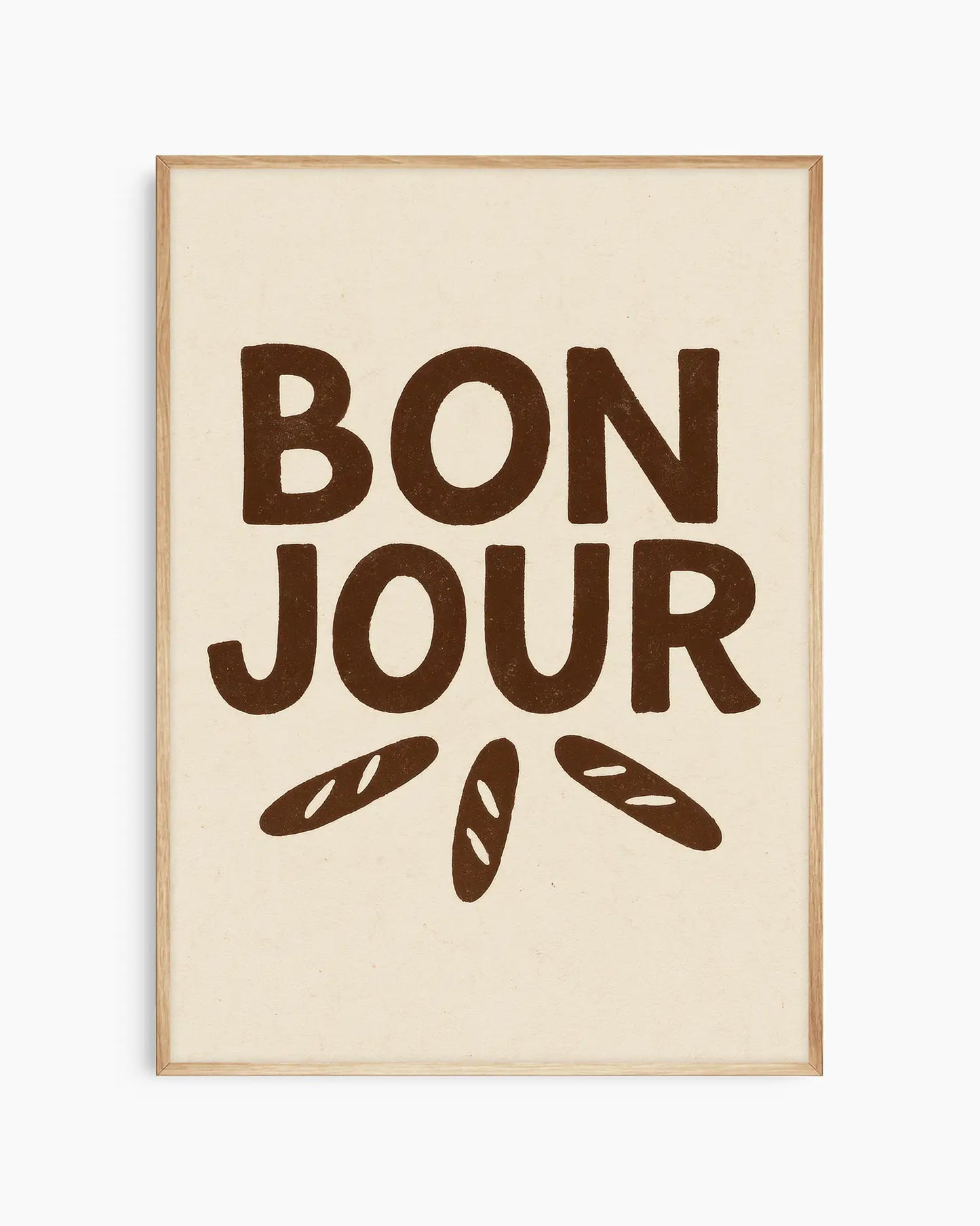 Beige poster with 'Bonjour' text and bread illustrations in brown framed in an oak frame.