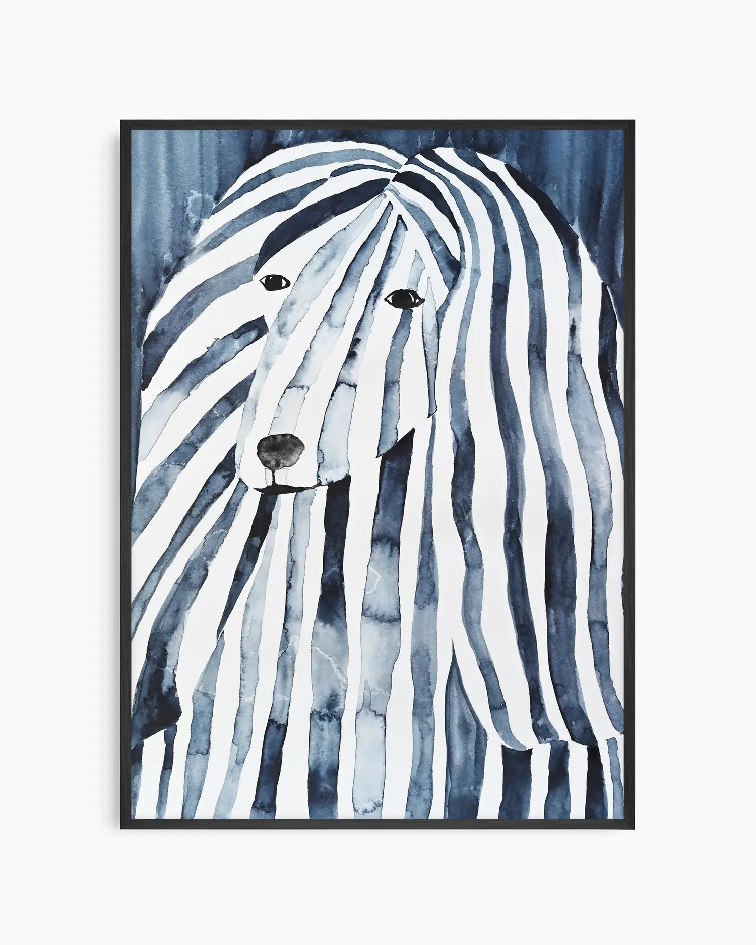 Watercolor painting of an afghan hound with blue and white stripes on a blue background framed in a black frame
