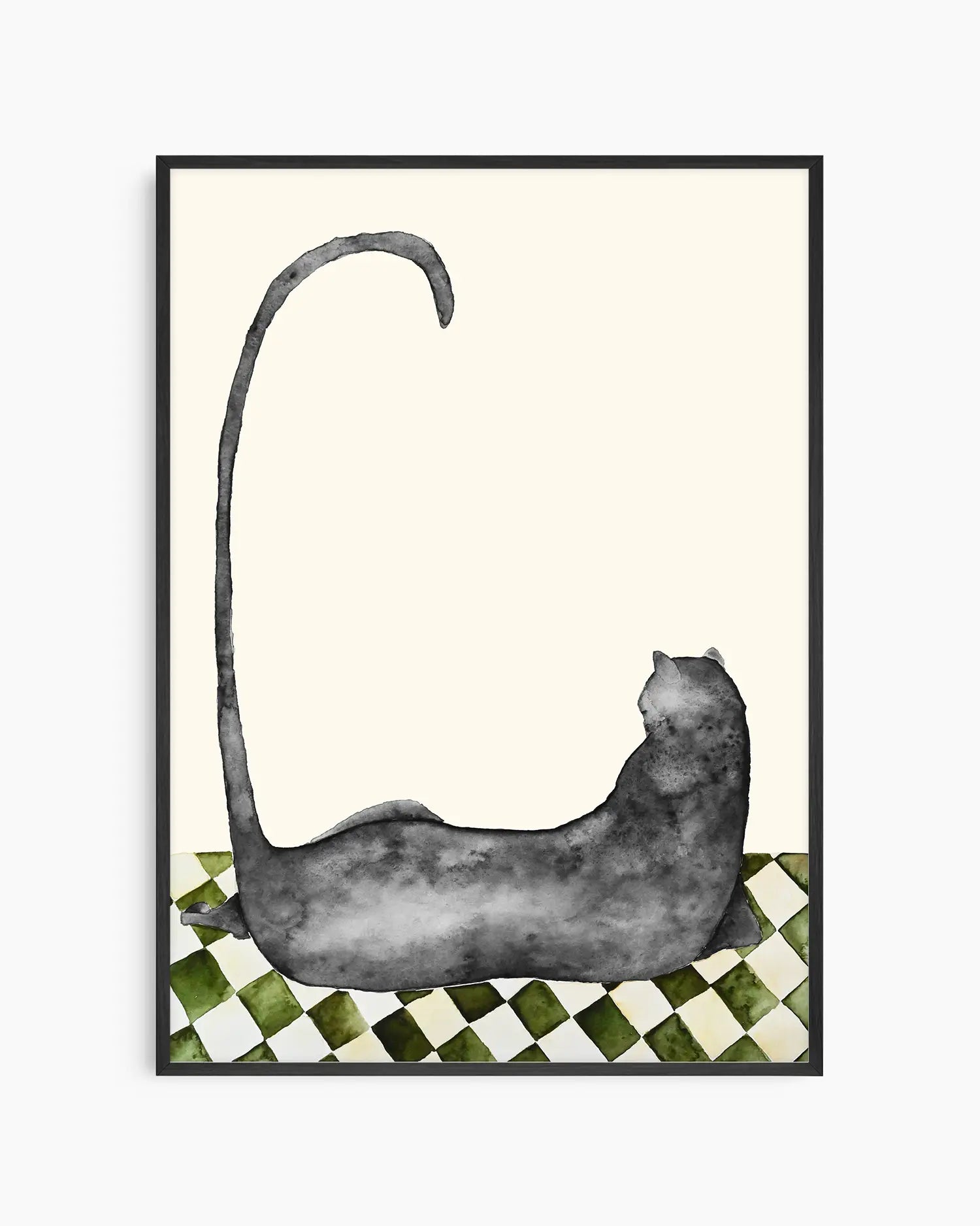 Illustration of a black cat lying on a checkered floor with a cream colored background framed in a black frame.