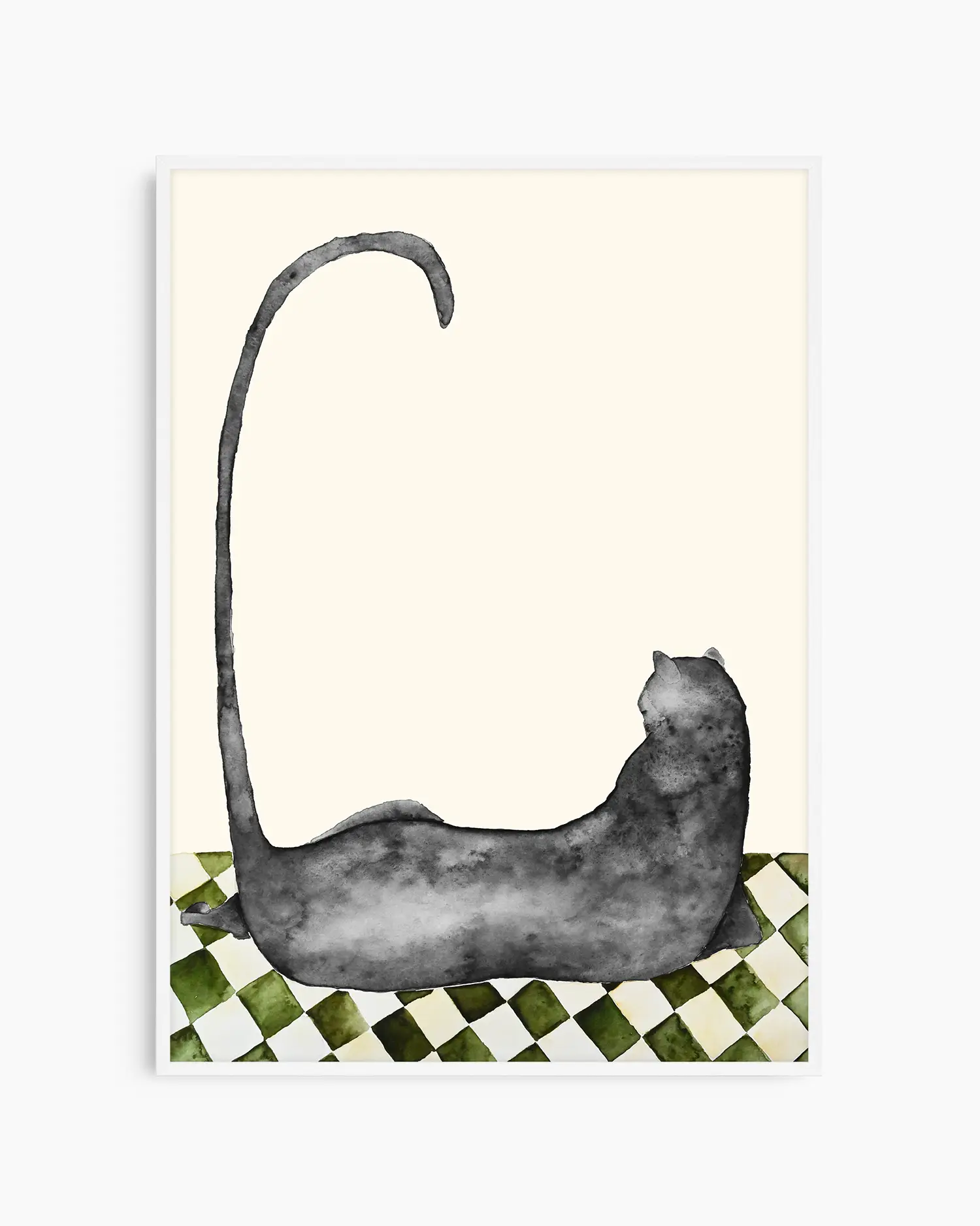 Illustration of a black cat lying on a checkered floor with a cream colored background framed in a white frame.