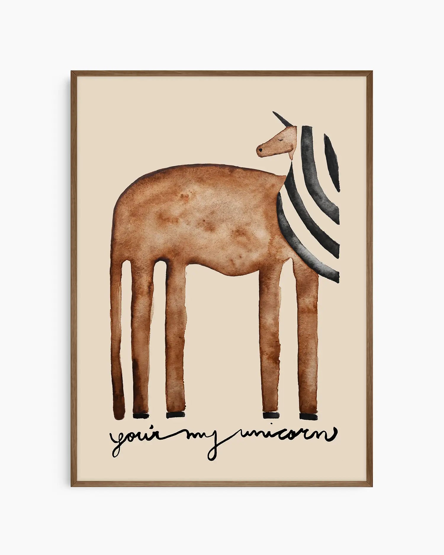 Illustration of a brown unicorn and striped mane on a beige background with text 'you're my unicorn' inside of a dark oak frame.