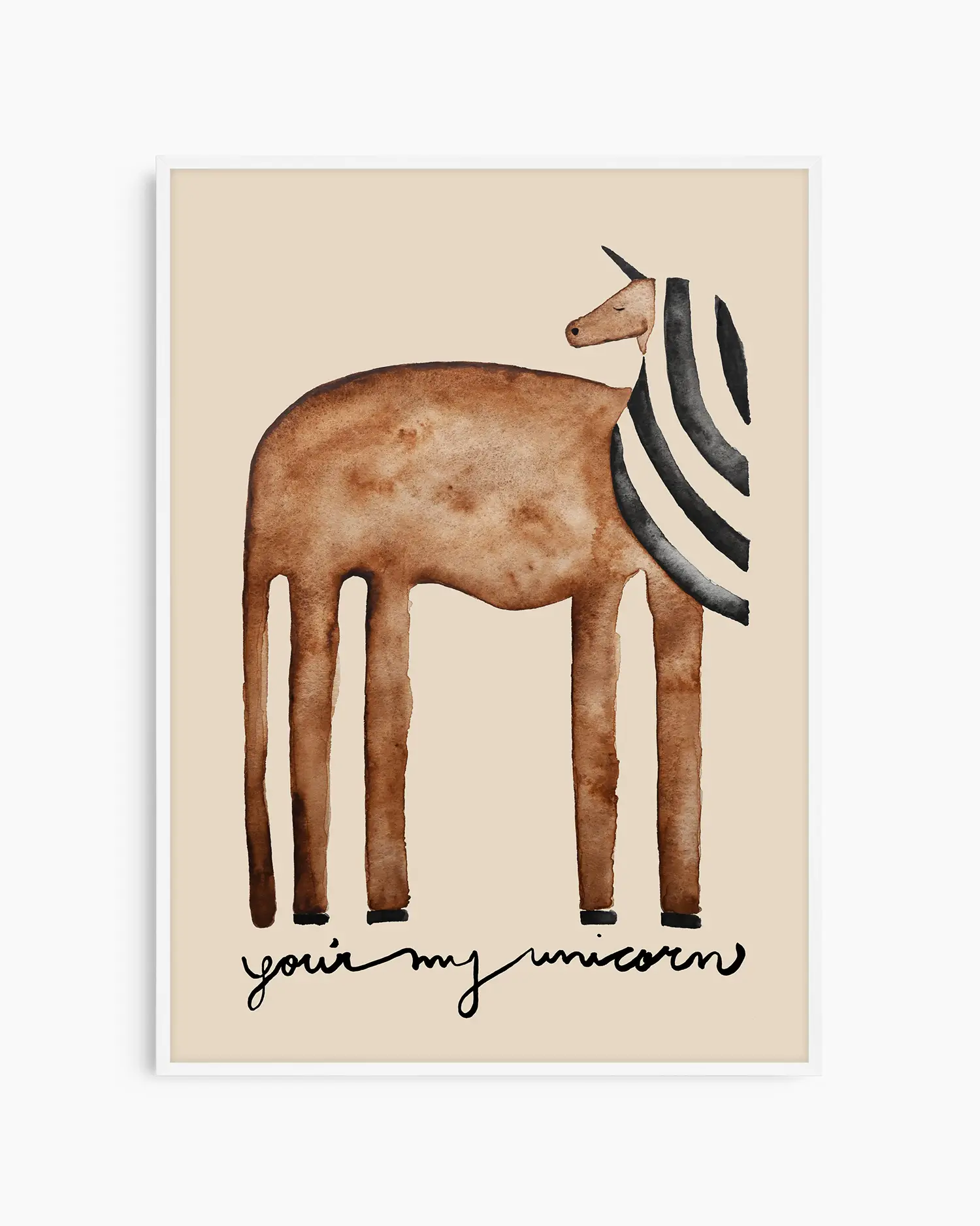 Illustration of a brown unicorn and striped mane on a beige background with text 'you're my unicorn' inside of a white frame.