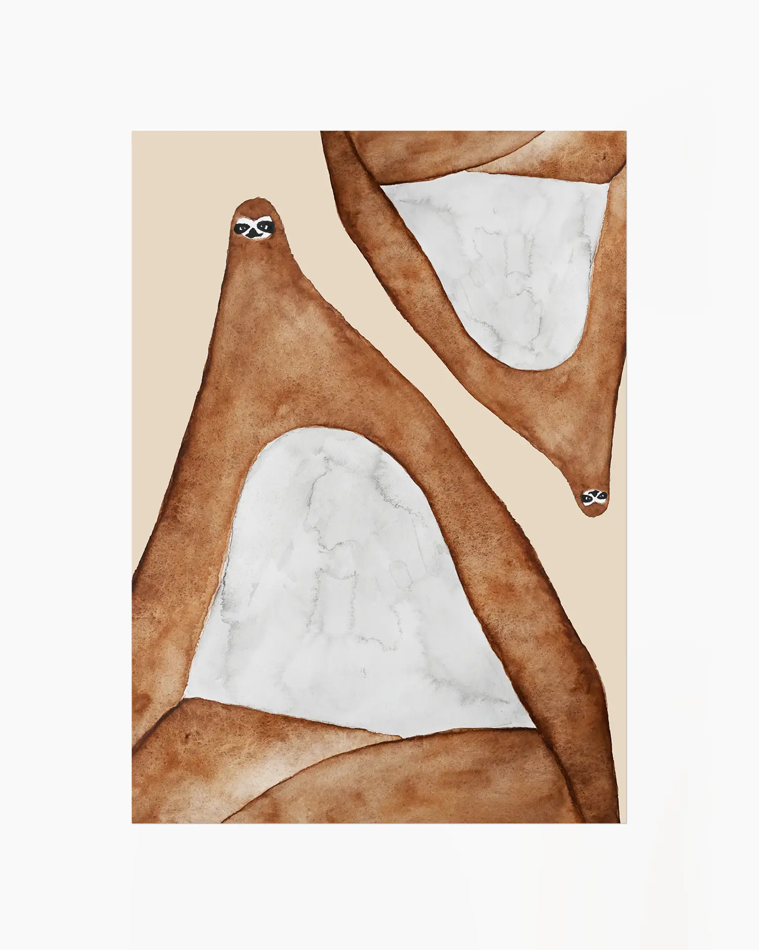 Nursery poster of two lazy sloths in brown on a beige background.