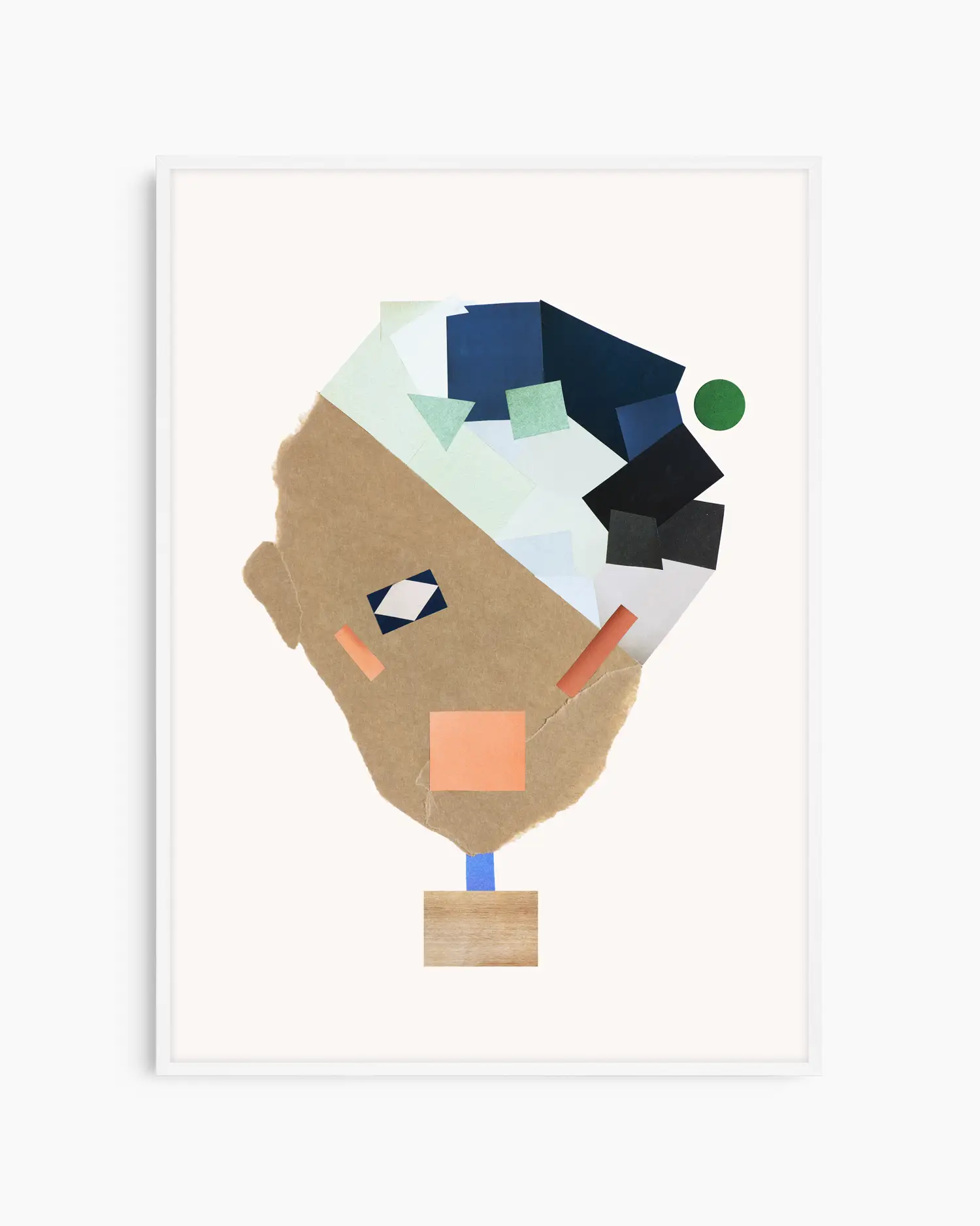 Nursery poster of a collage face made from colorful shapes on a white background framed in a white frame.