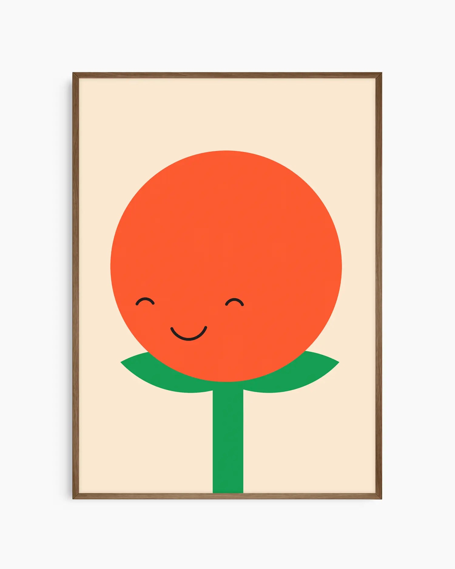 Nursery poster of a smiling tomato with a green stem on a beige background framed in a dark oak frame
