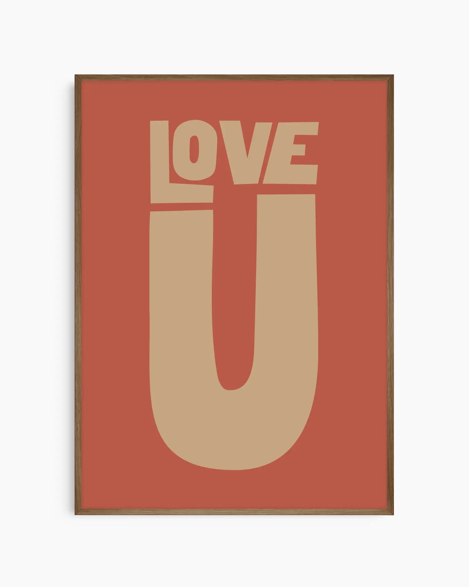 Red nursery poster with 'LOVE U' text framed in a dark oak frame.