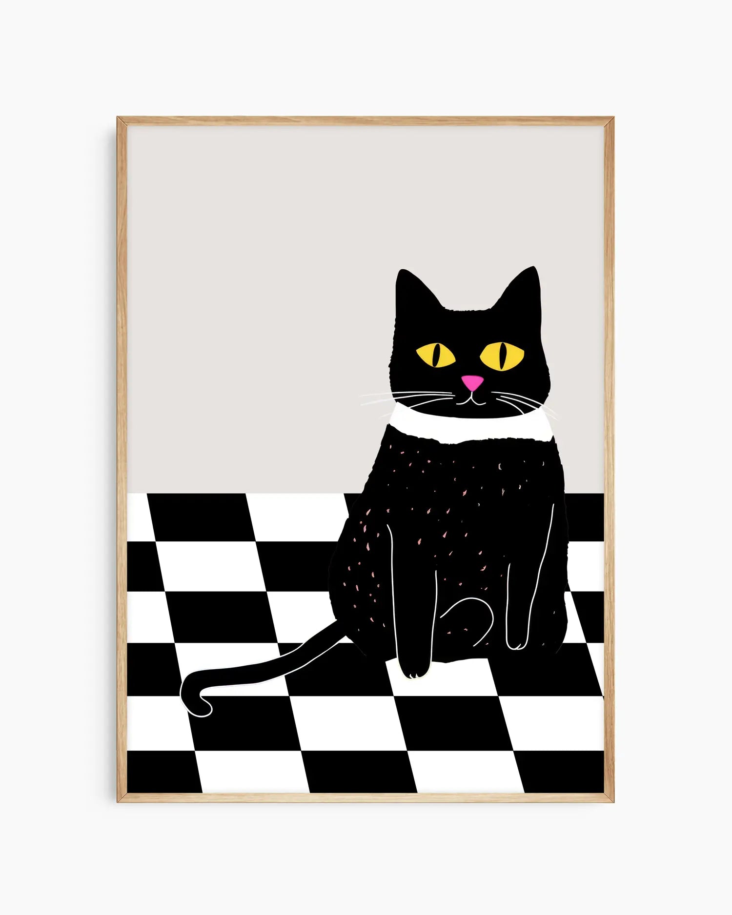 Framed nursery artwork of a black cat with yellow eyes and a pink nose on a checkered floor.