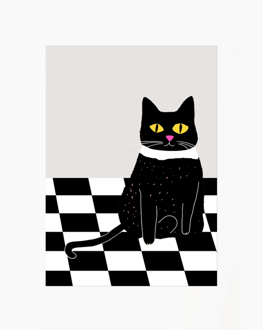 Nursery poster of a black cat with yellow eyes and a pink nose on a checkered floor.