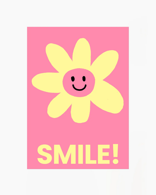 Pink nursery poster with a yellow smiling flower and 'SMILE!' written on it.