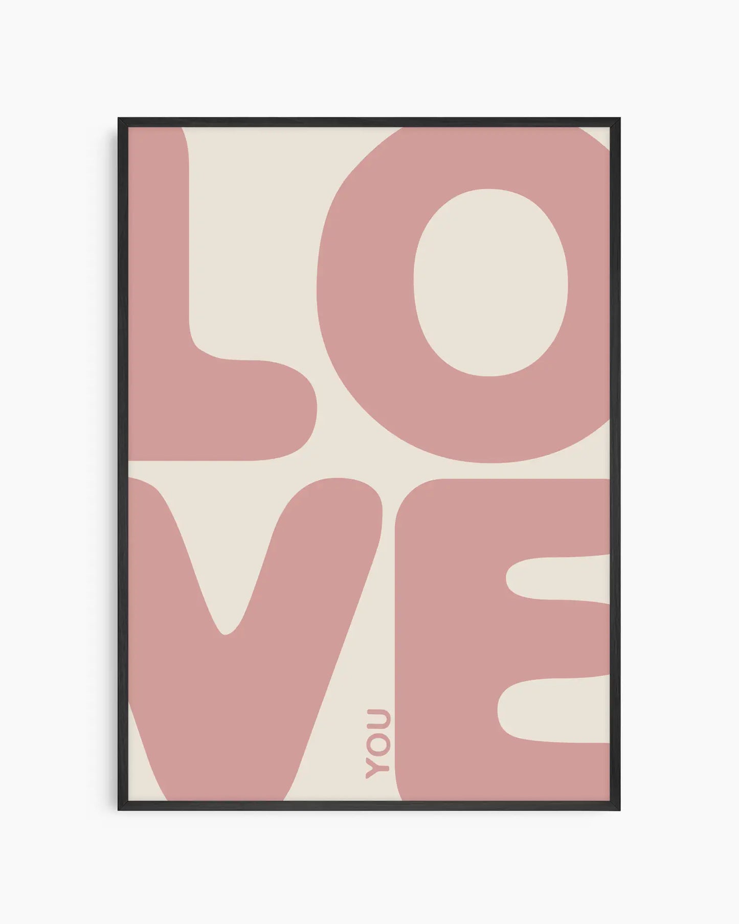 Nursery poster with 'LOVE YOU' written in pink letters on a beige background, in a black frame