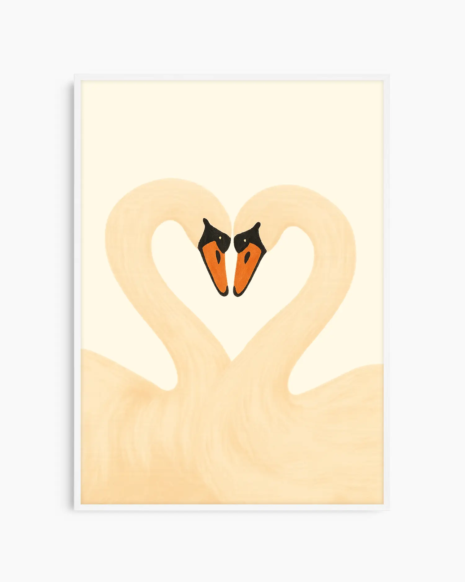 Framed artwork of two swans forming a heart on a light background