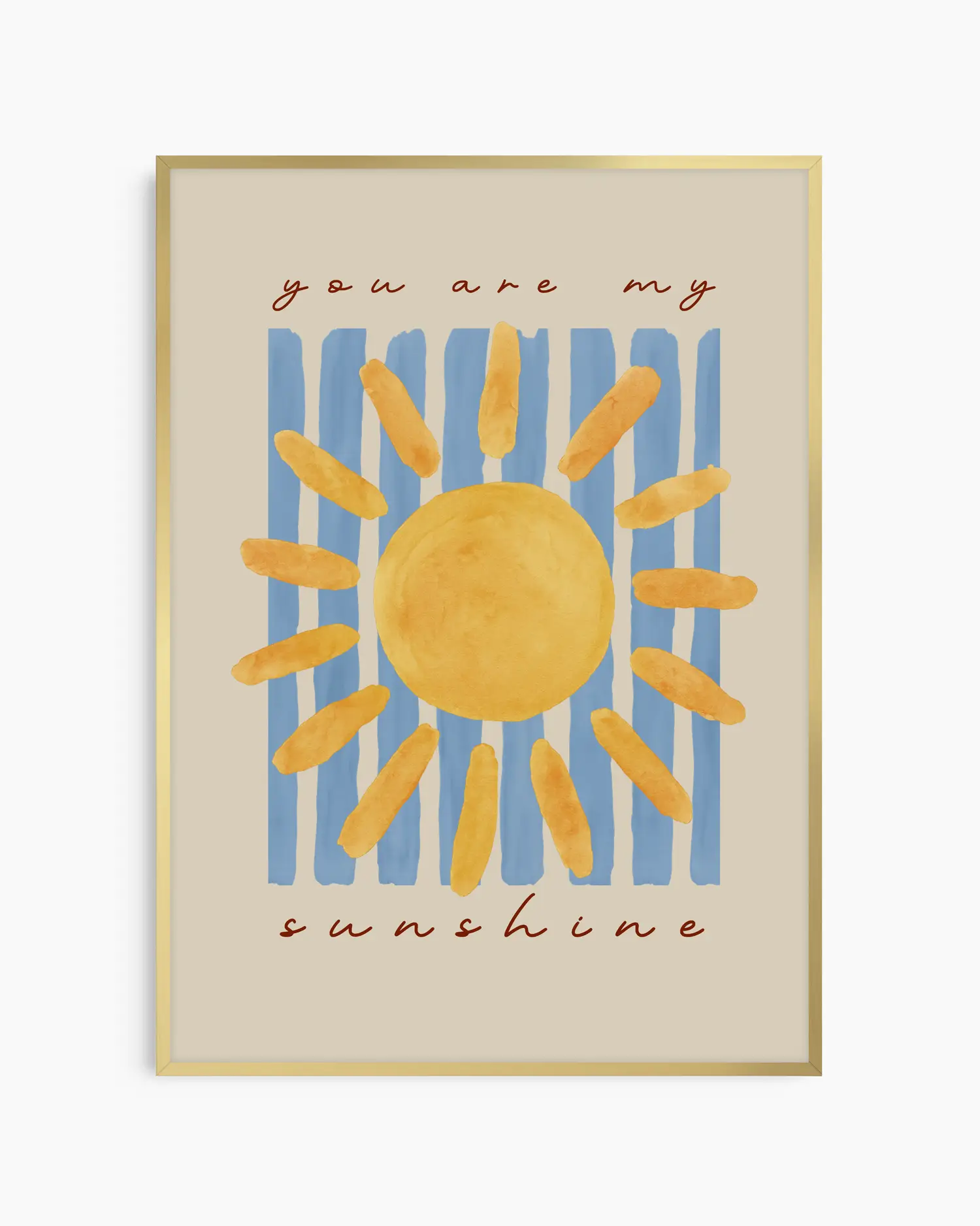 Poster with a sun illustration and 'you are my sunshine' text on a beige background. In a gold frame.