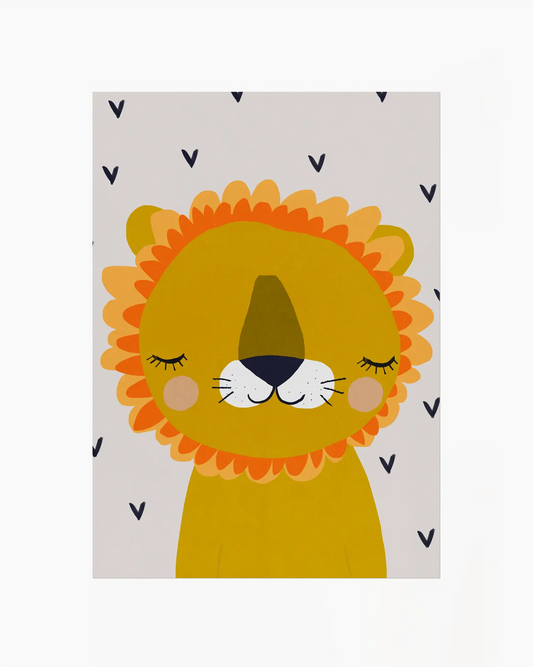 Cartoon lion with a yellow mane on a light gray background with small black hearts.