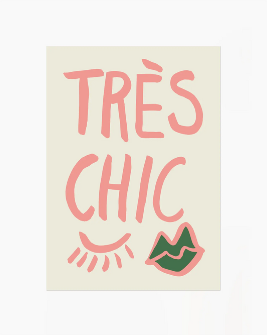Decorative sign with 'Très Chic' text and lip graphic on a beige background