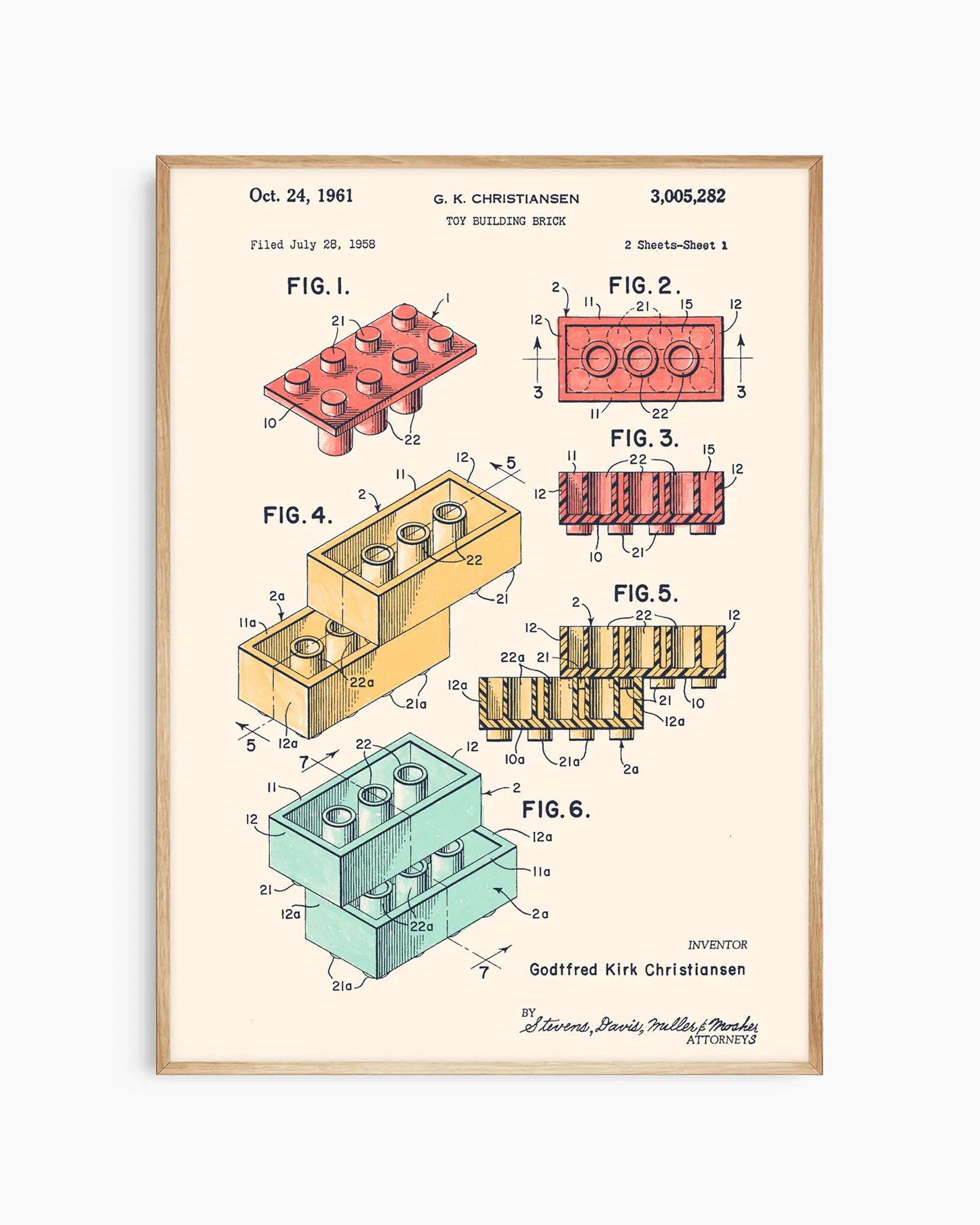 Framed poster of a toy building block patent illustration on a white background