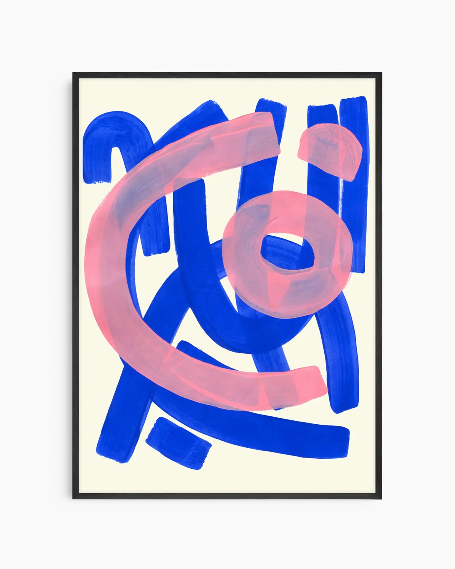 Abstract art print with blue and pink brush strokes on a beige background, in a black frame