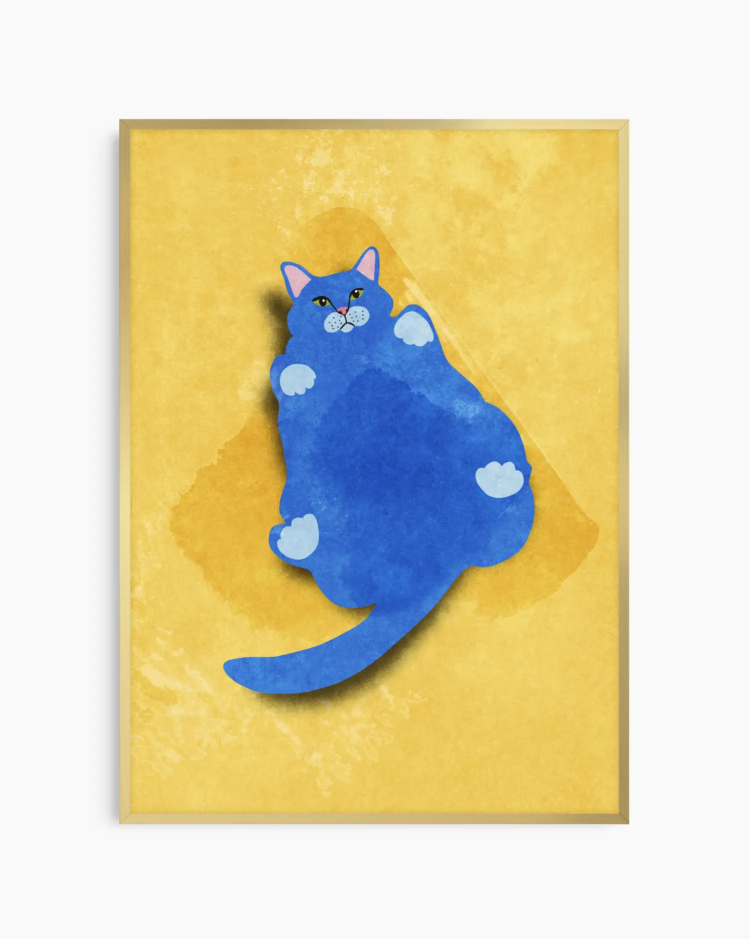 Framed artwork of a blue cat on a yellow background