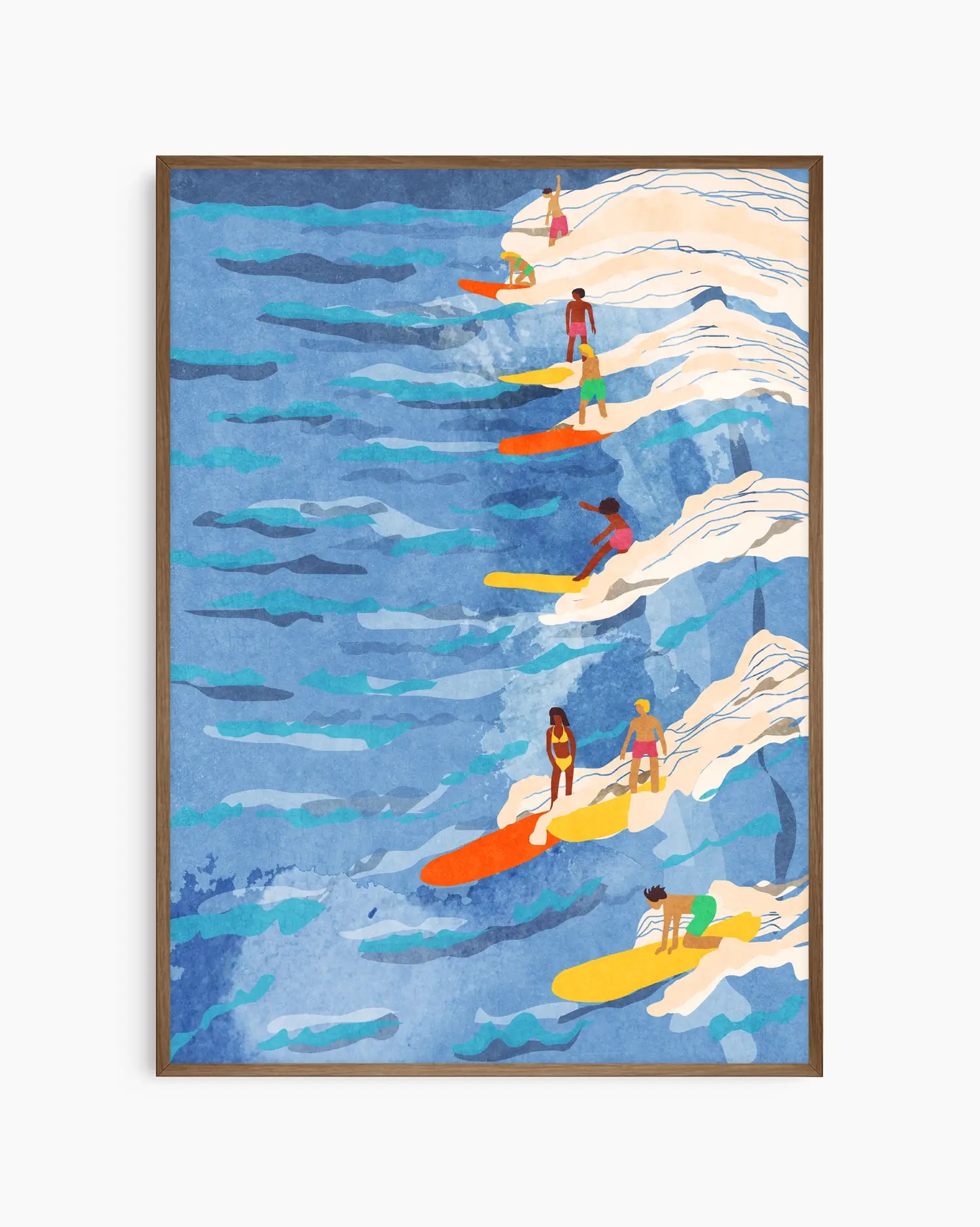 Art print of surfers on colorful boards in the ocean with a blue wave background.