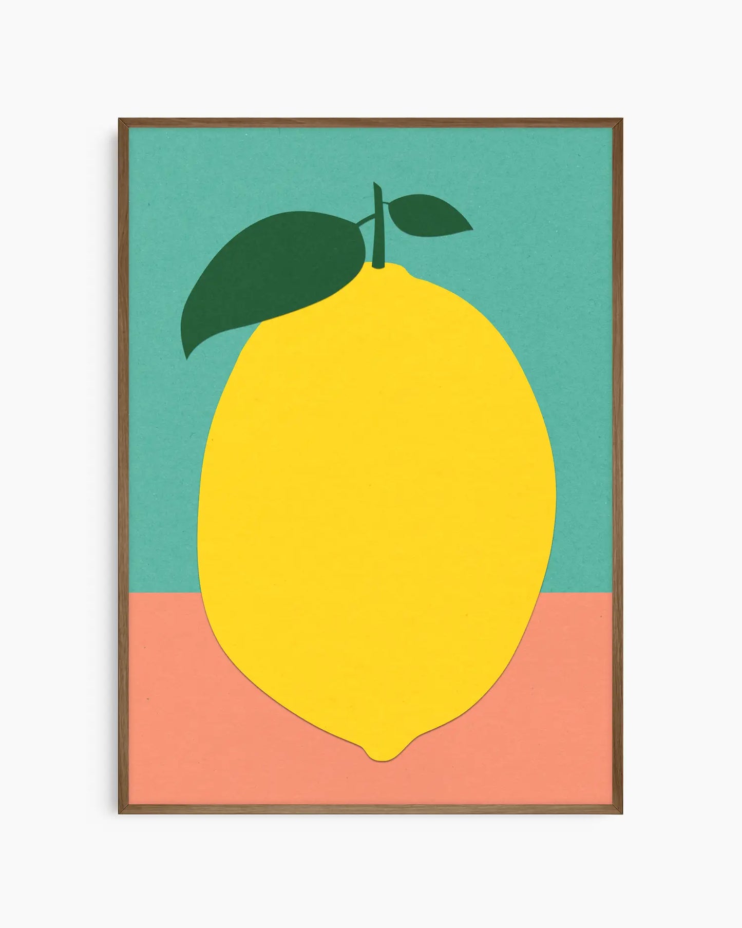 Framed artwork of a yellow lemon on a green and pink background
