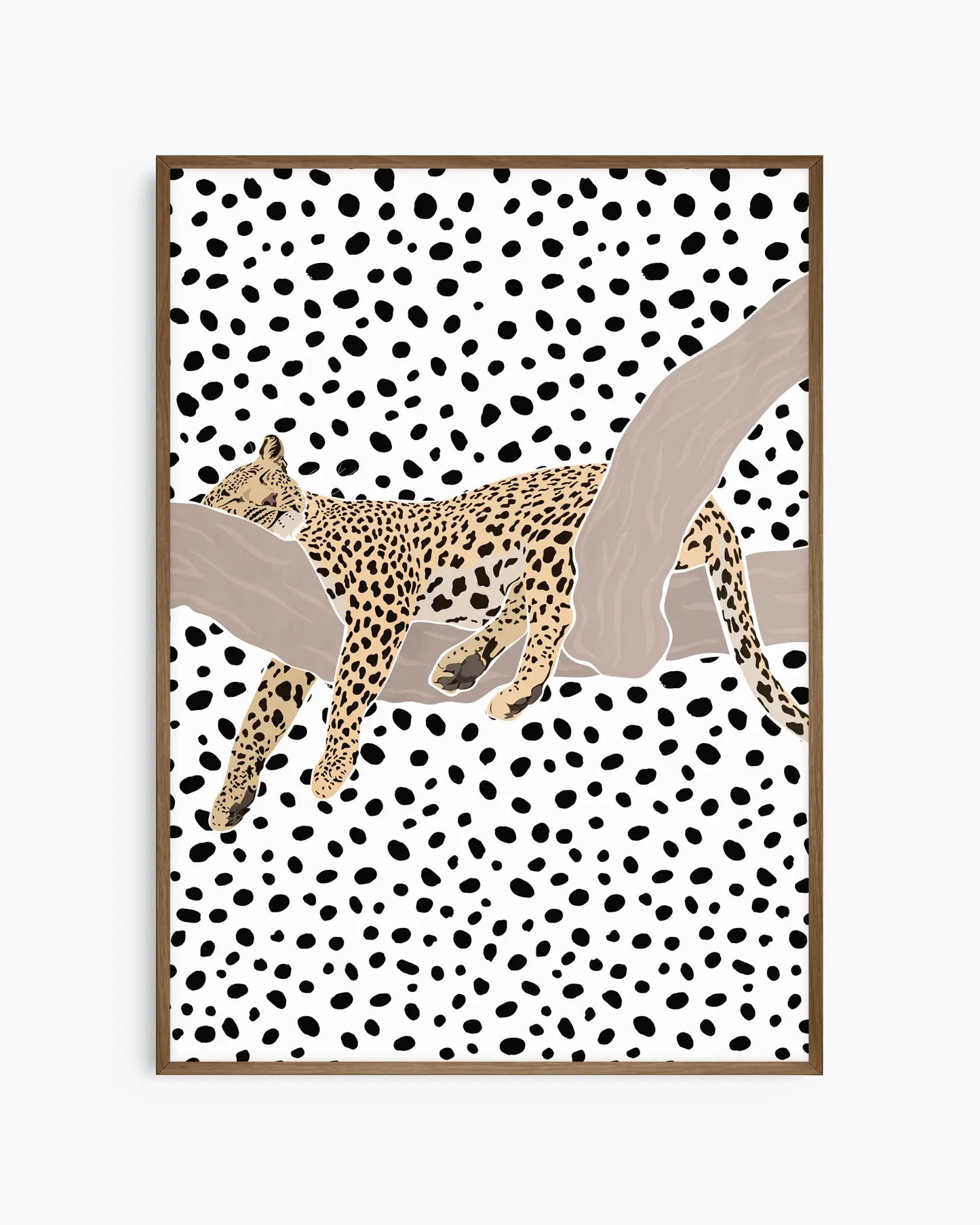 Framed artwork of a leopard on a polka dot background