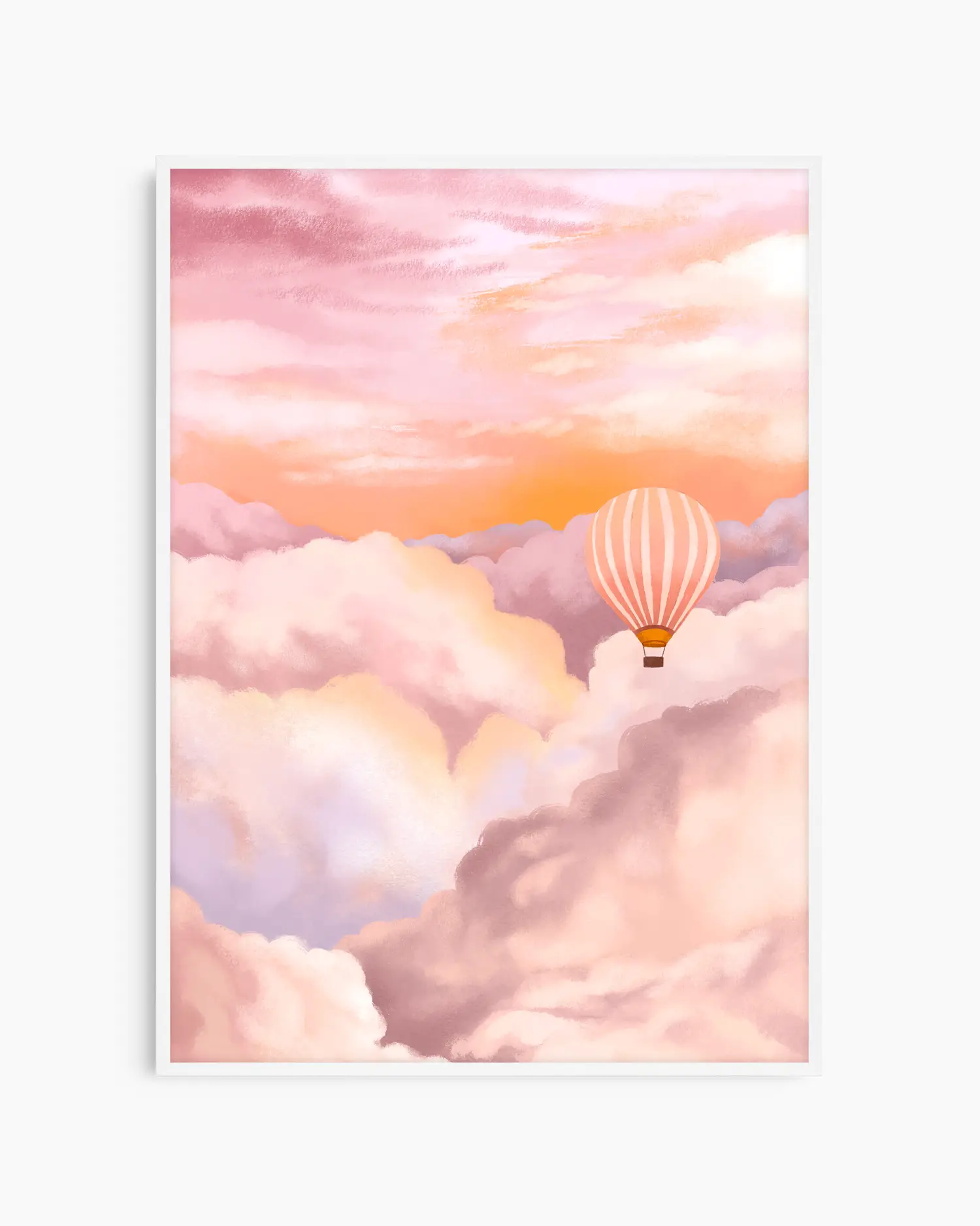 Art print of a hot air balloon in a pink and orange sky with clouds
