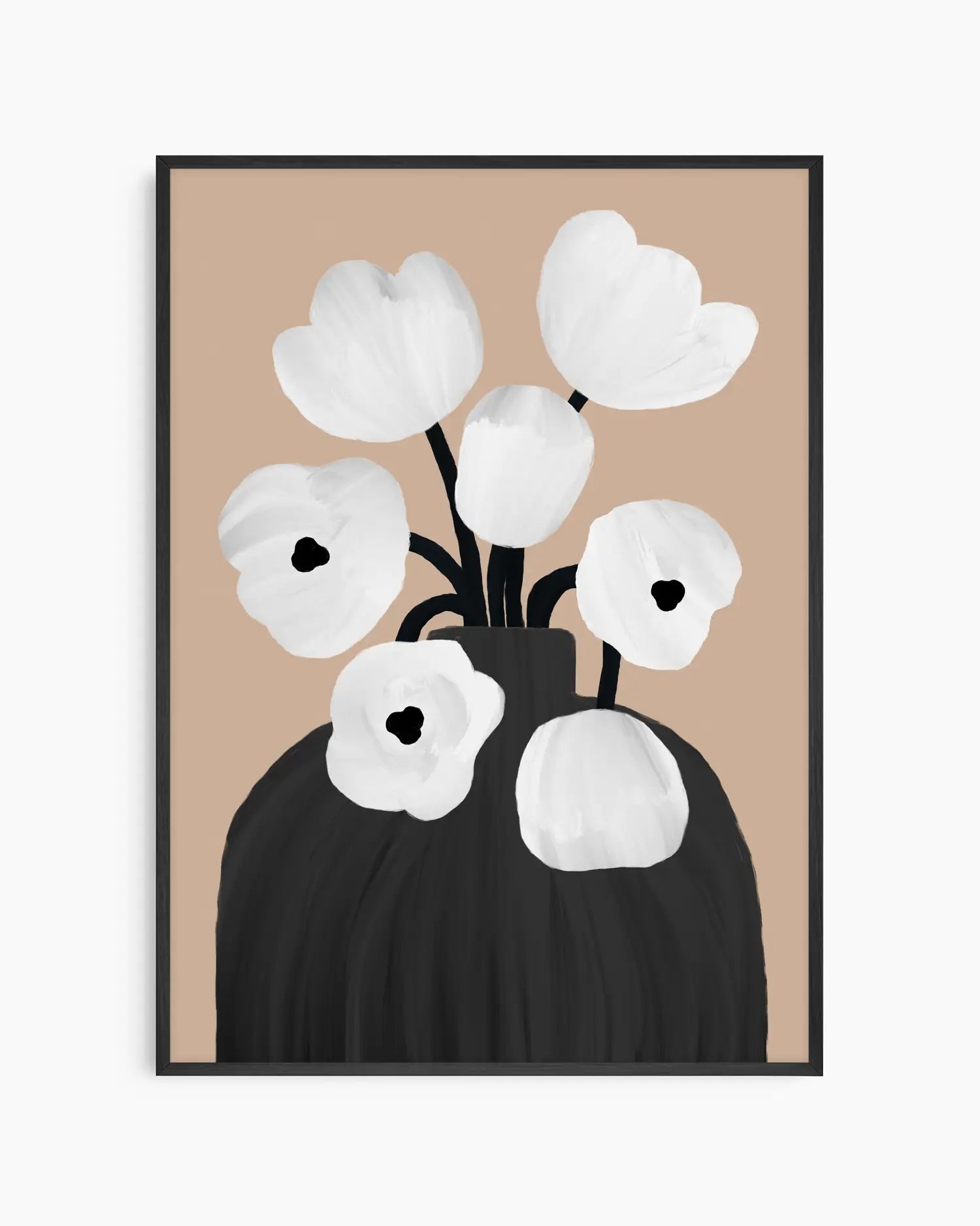 Framed artwork of a black vase with white flowers on a beige background