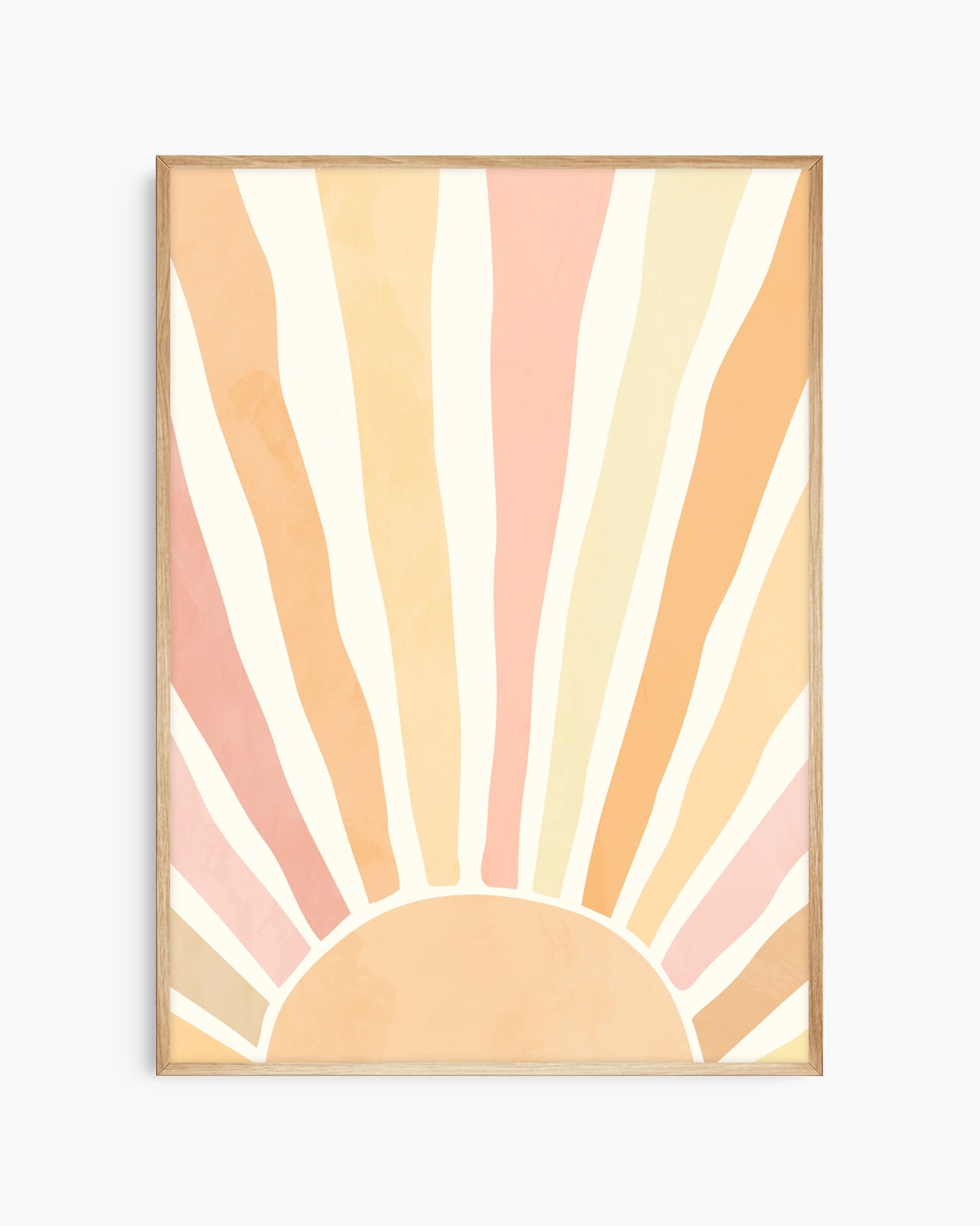 Framed abstract art with sunburst design in pastel colors on a white background
