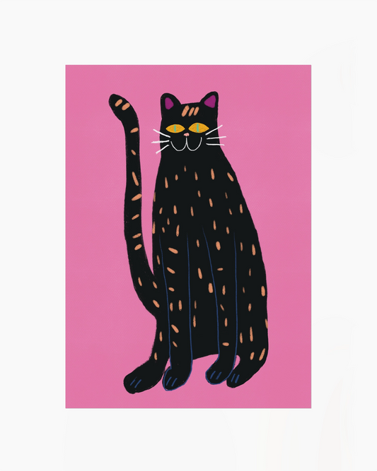 Black cat illustration with orange spots on a pink background