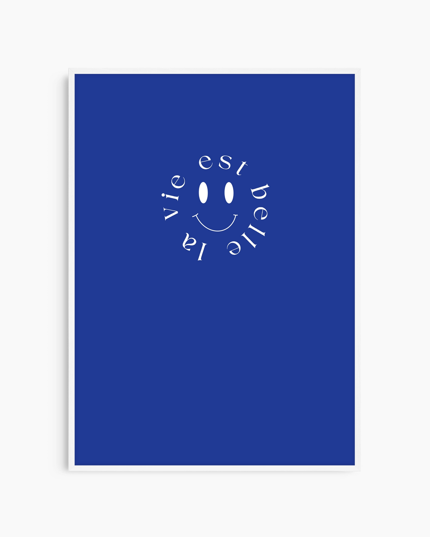 Blue poster with white smiley face and text 'La vie est belle' on a white background