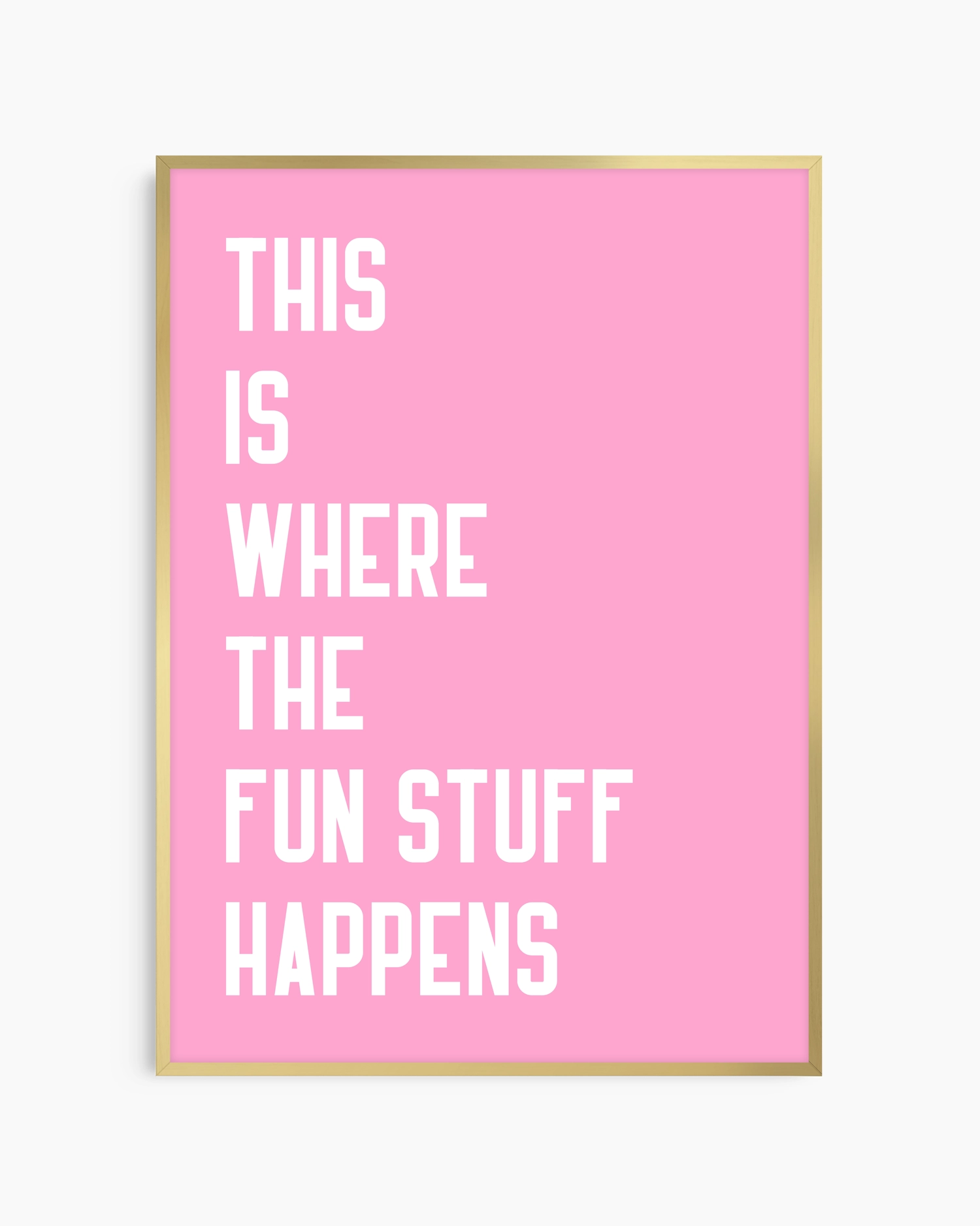 Pink poster with white text on a white background