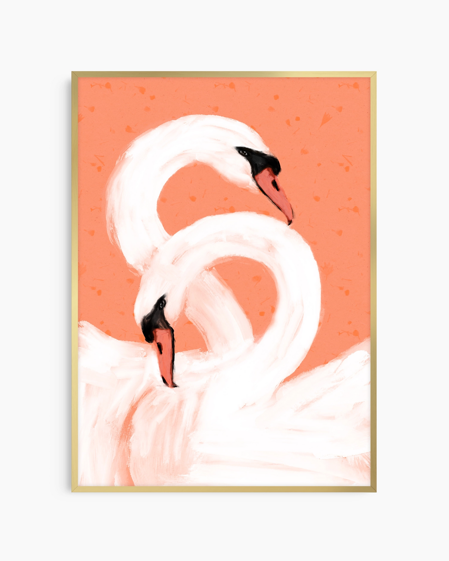 Framed artwork of two swans on a coral background