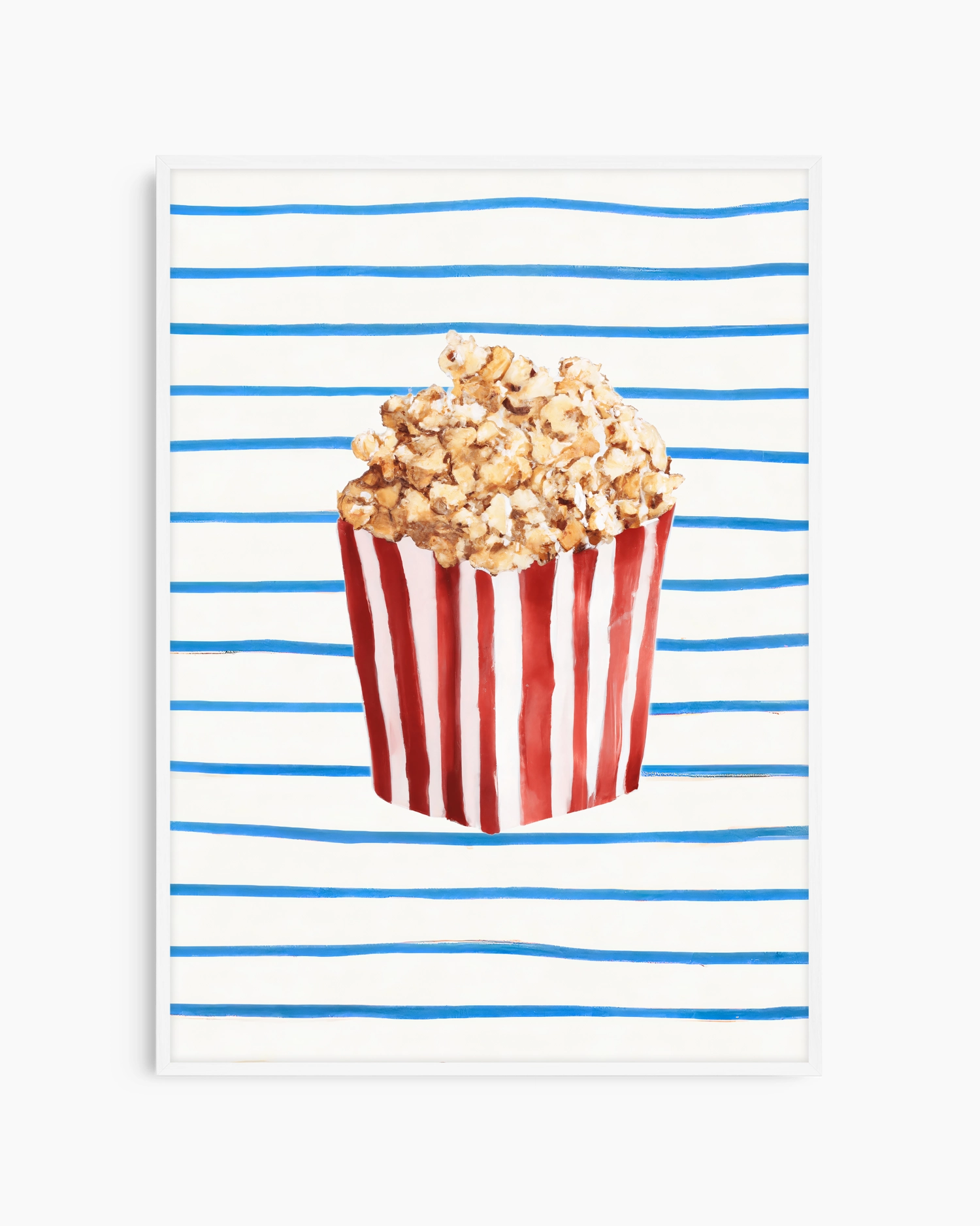 Popcorn in a red and white striped bucket on a white background with blue stripes