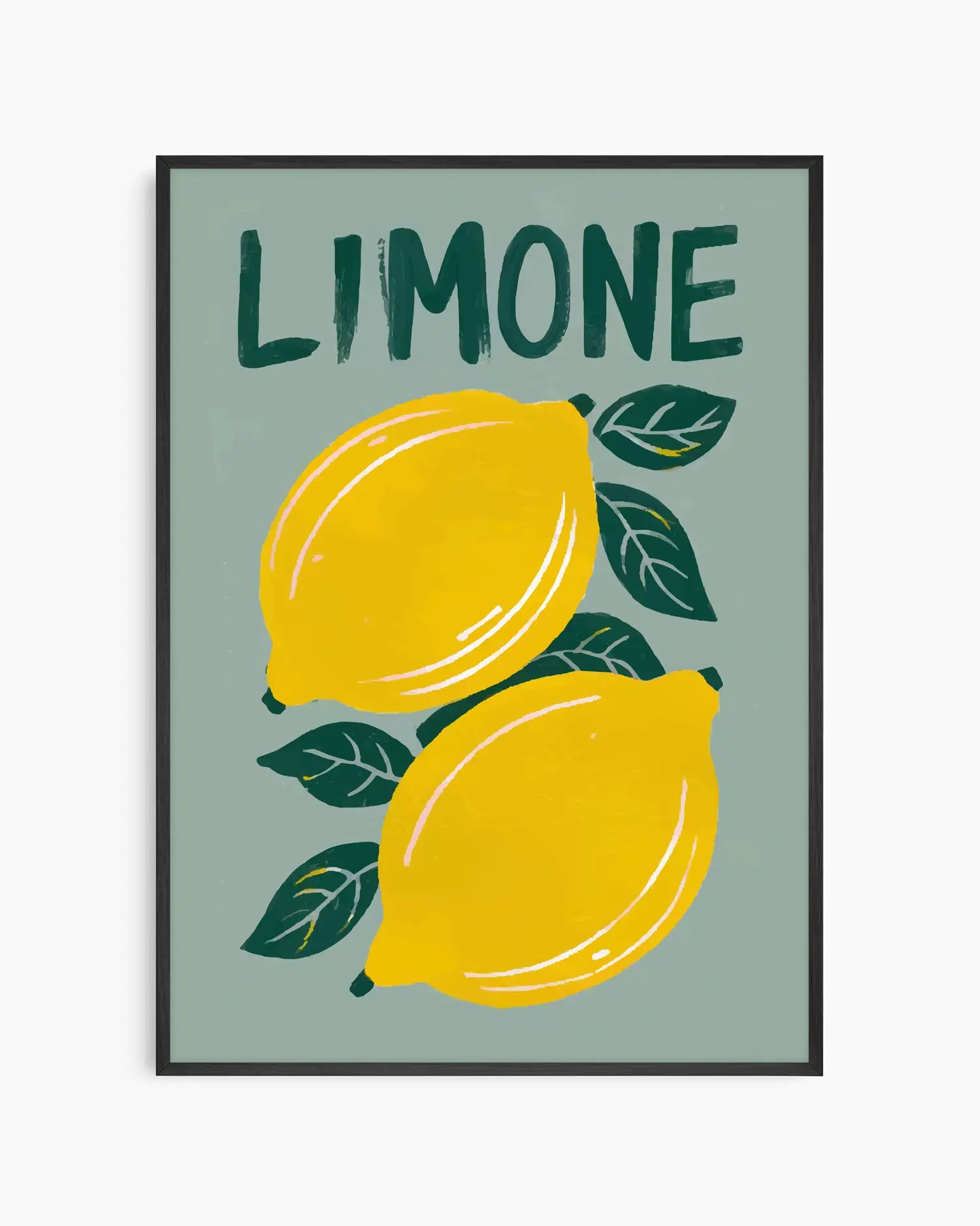 Nursery artwork with two lemons and the word 'LIMONE' on a light green background, mounted inside of a black wooden frame.