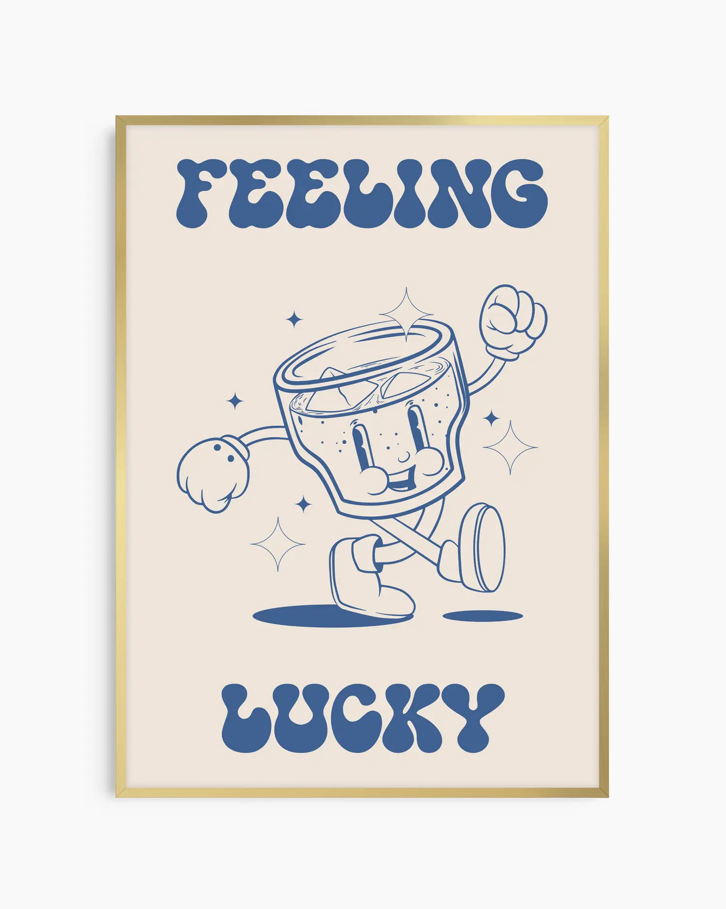 Framed artwork with a cartoon glass character and text 'Feeling Lucky' on a beige background