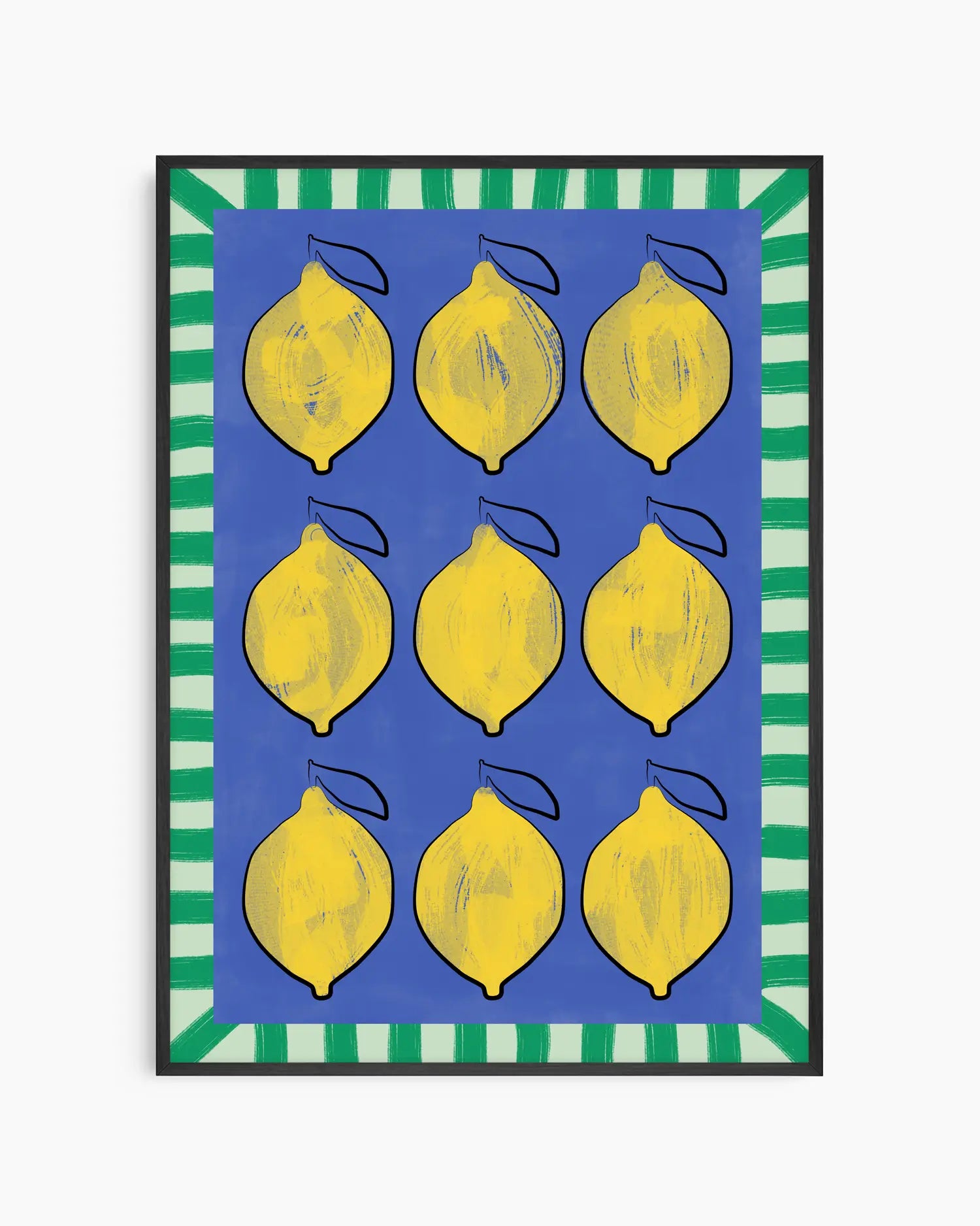 Framed artwork with yellow lemons on a blue background and green striped border