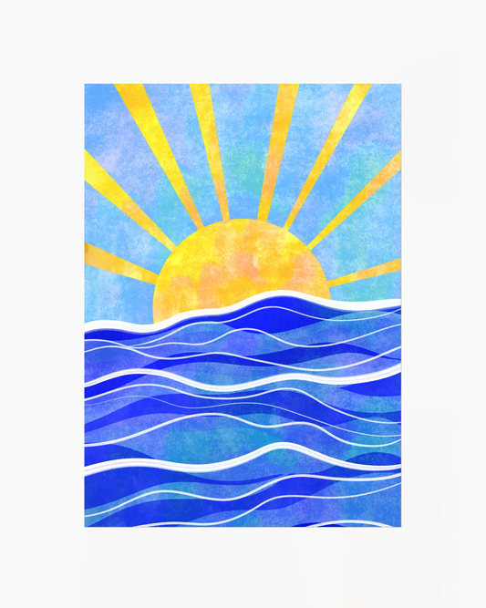 Sunny day with blue water and yellow sun on a white background