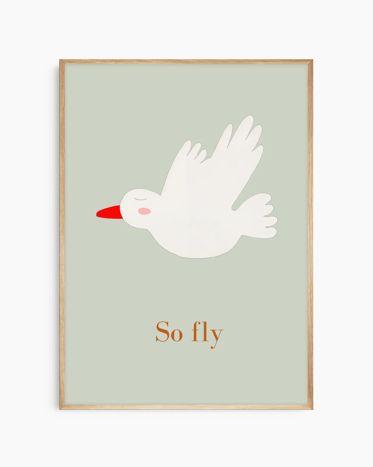 Framed artwork with a white bird illustration and 'So fly' text on a light green background