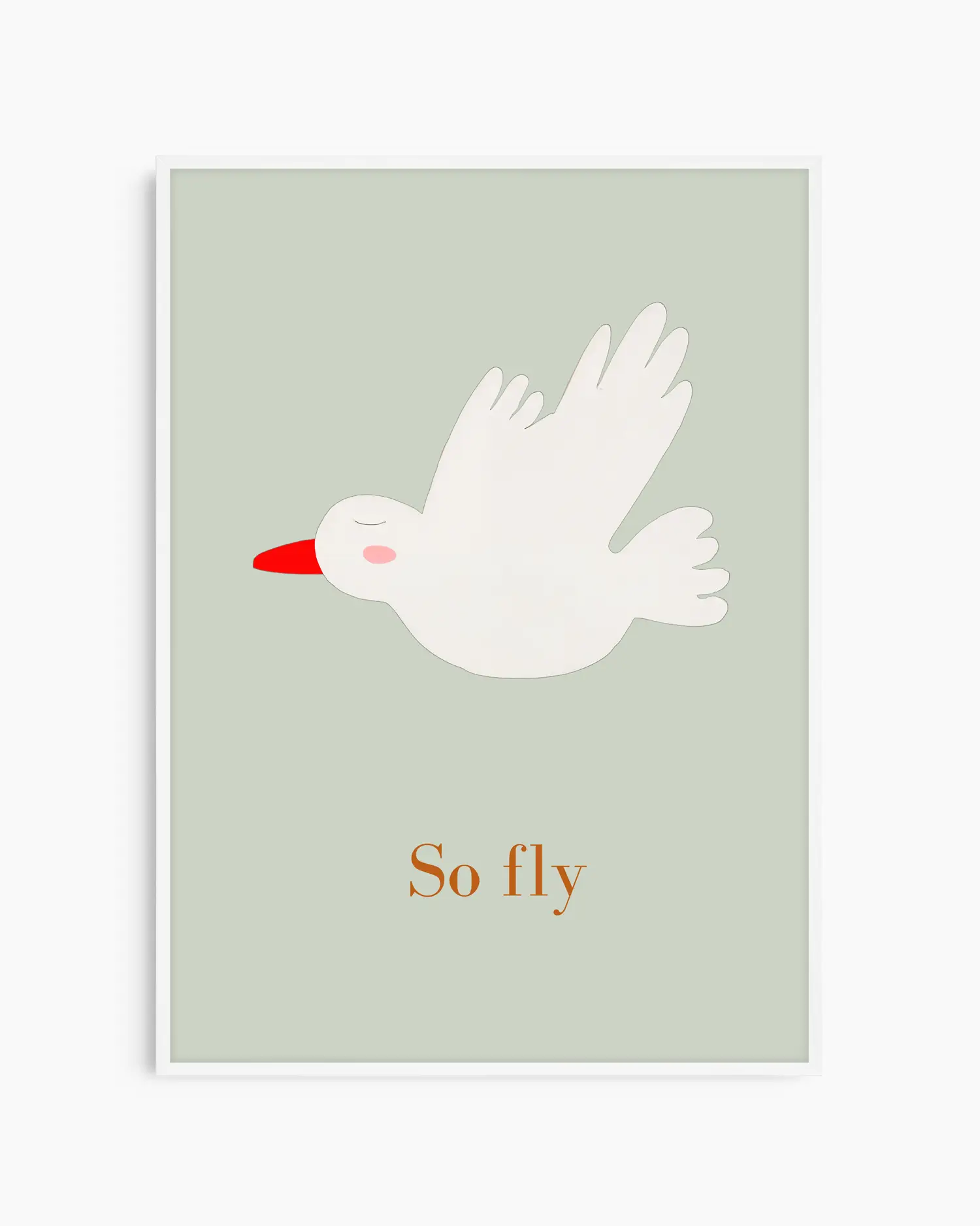 Poster with a white bird illustration and 'So fly' text on a light green background