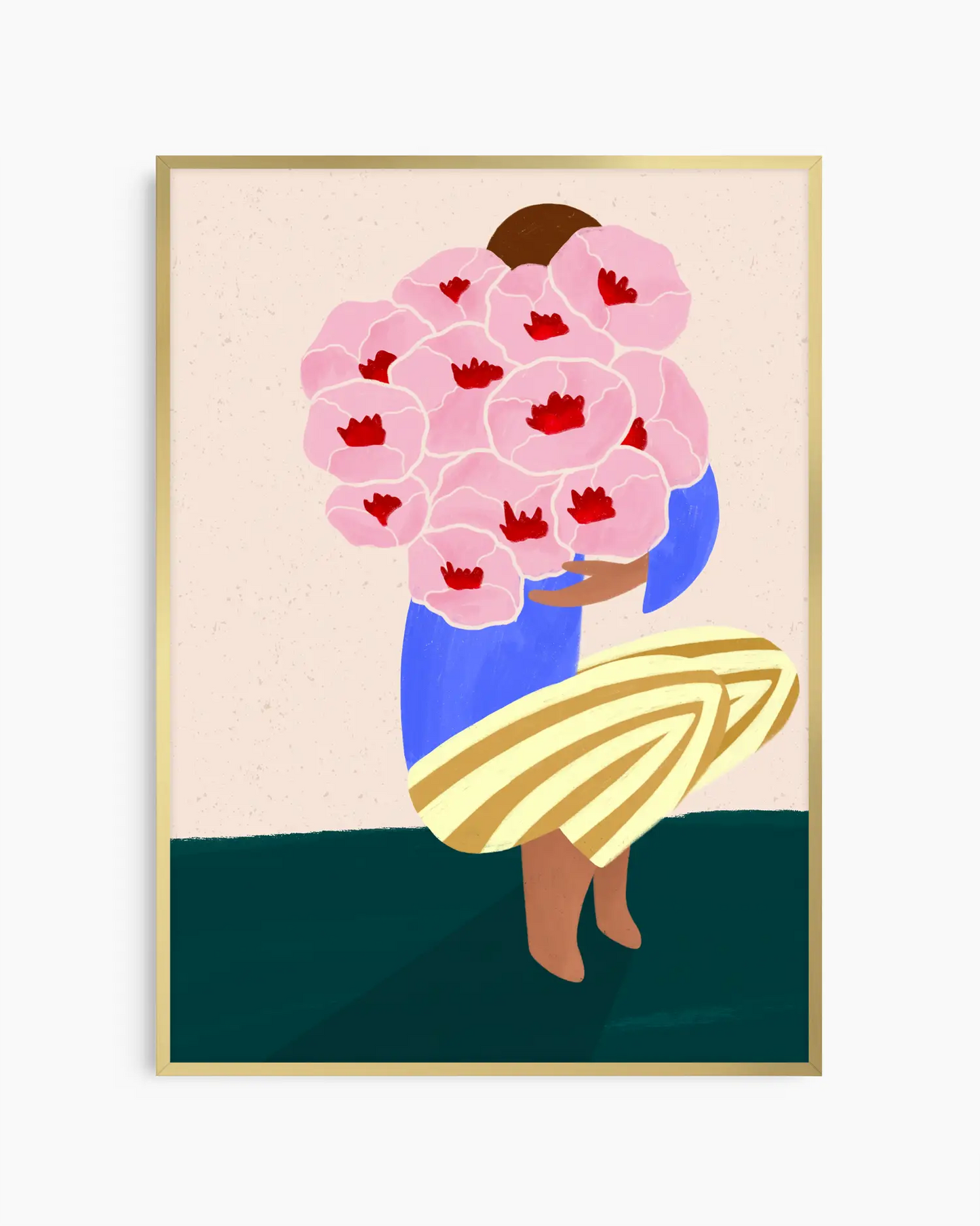 Framed artwork of a person holding pink flowers with red centers on a beige background