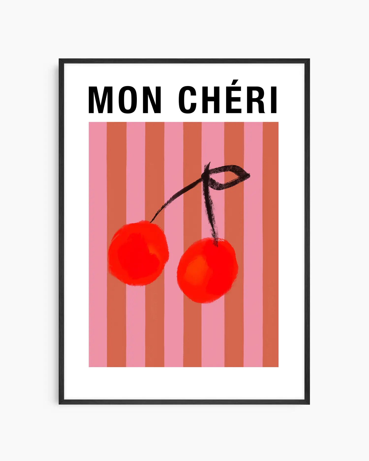 Framed artwork with red cherries and 'MON CHÓRI' text on a striped background