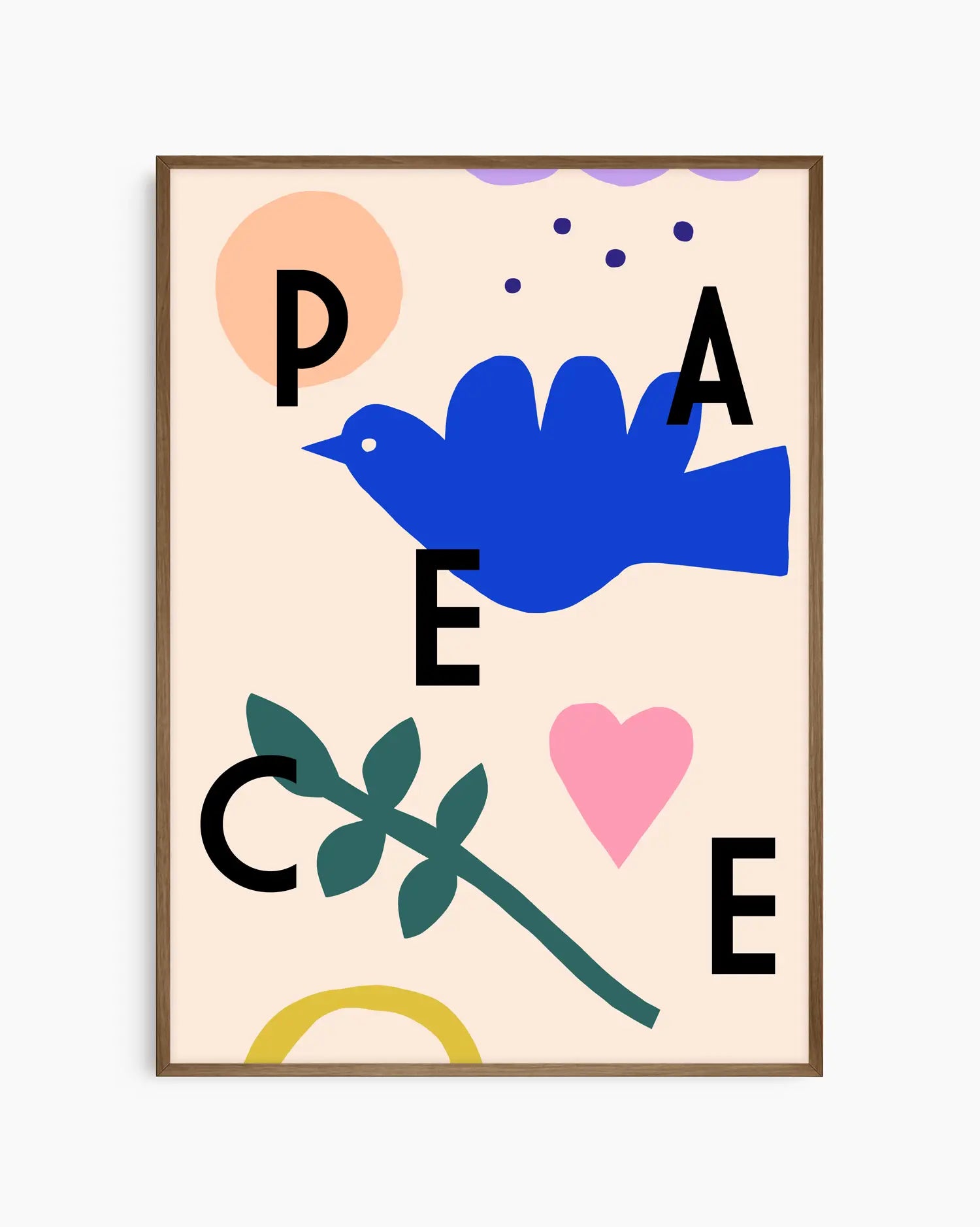 Framed artwork with abstract design featuring a blue bird, colorful letters, and shapes on a beige background.